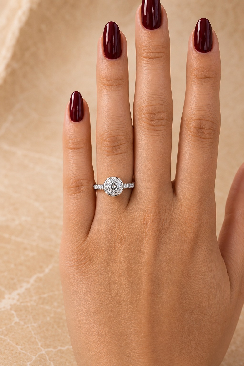 Round Lab Grown Diamond Engagement Ring Bezel Set 14K White Gold Side Stone E-VVS2
