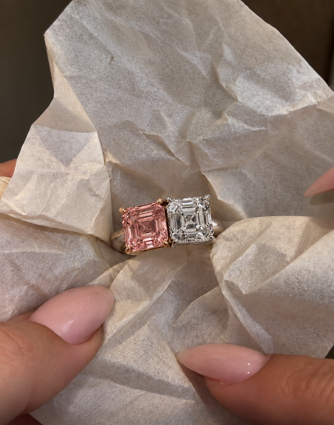 Asscher Cut Lab Grown Diamond Engagement Ring Pink & White Two Stone 14K Two-Tone Gold IGI Certified Toi et Moi