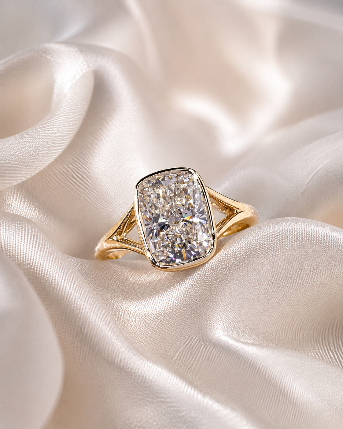 Cushion Lab Grown Diamond Engagement Ring Bezel Split Shank 14K Yellow Gold IGI Certified 3.08 Carat