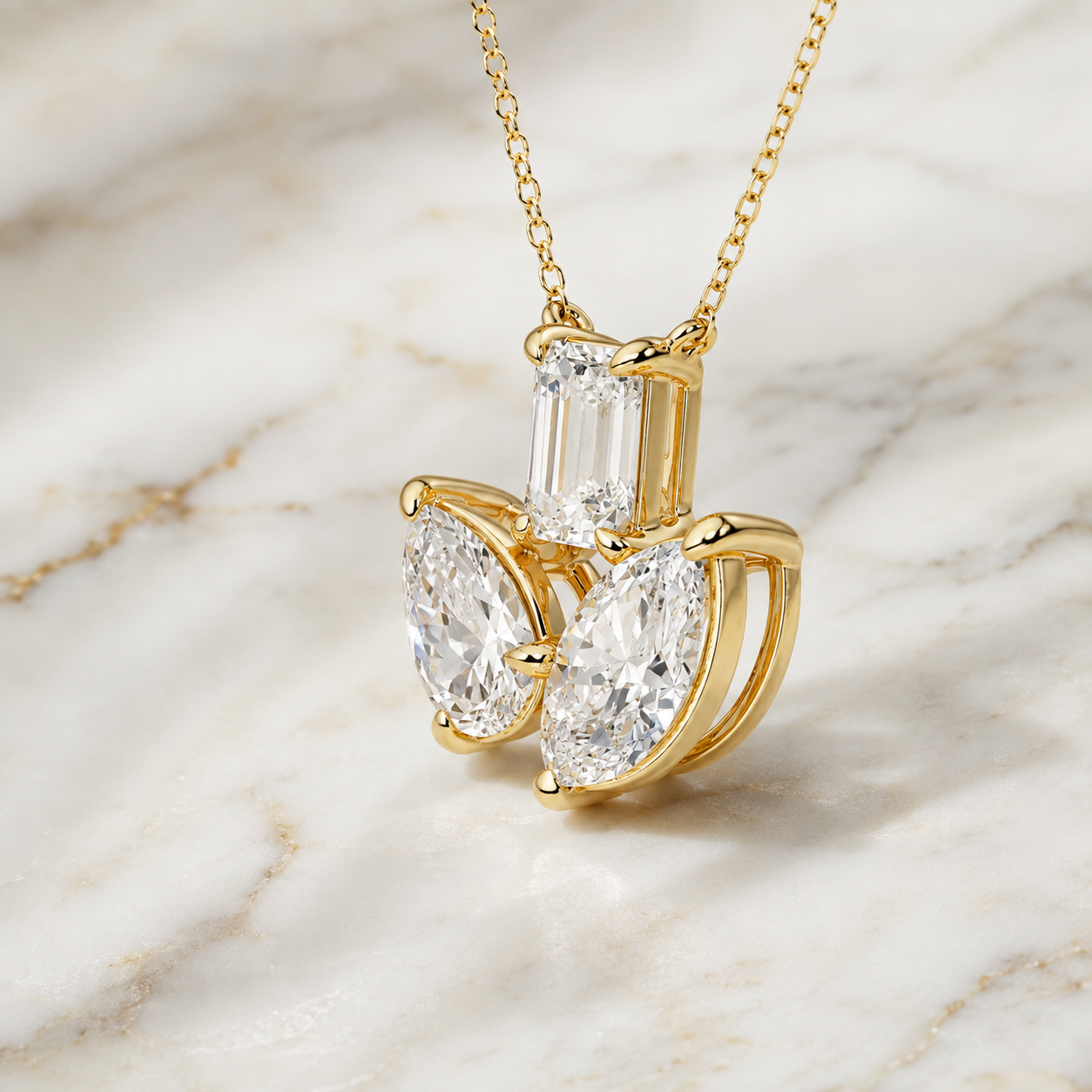 Three Stone Lab Grown Diamond Pendant Necklace: Emerald, Pear, Marquise Cuts, 14K Yellow Gold