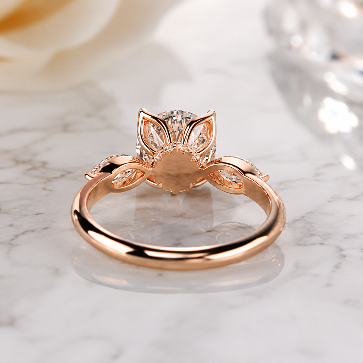 Round Lab Grown Diamond Engagement Ring Three Stone 14K Rose Gold – Floral Prong Setting