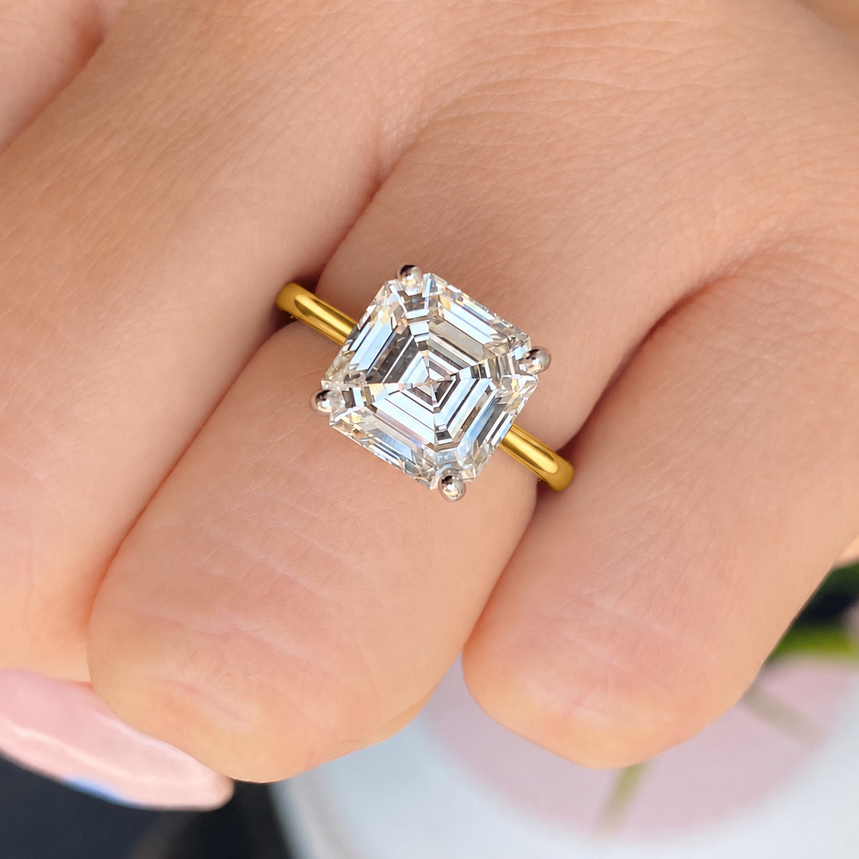 Asscher Lab Grown Diamond Engagement Ring Solitaire Two-Tone 14K Yellow Gold Tulip Prong Setting