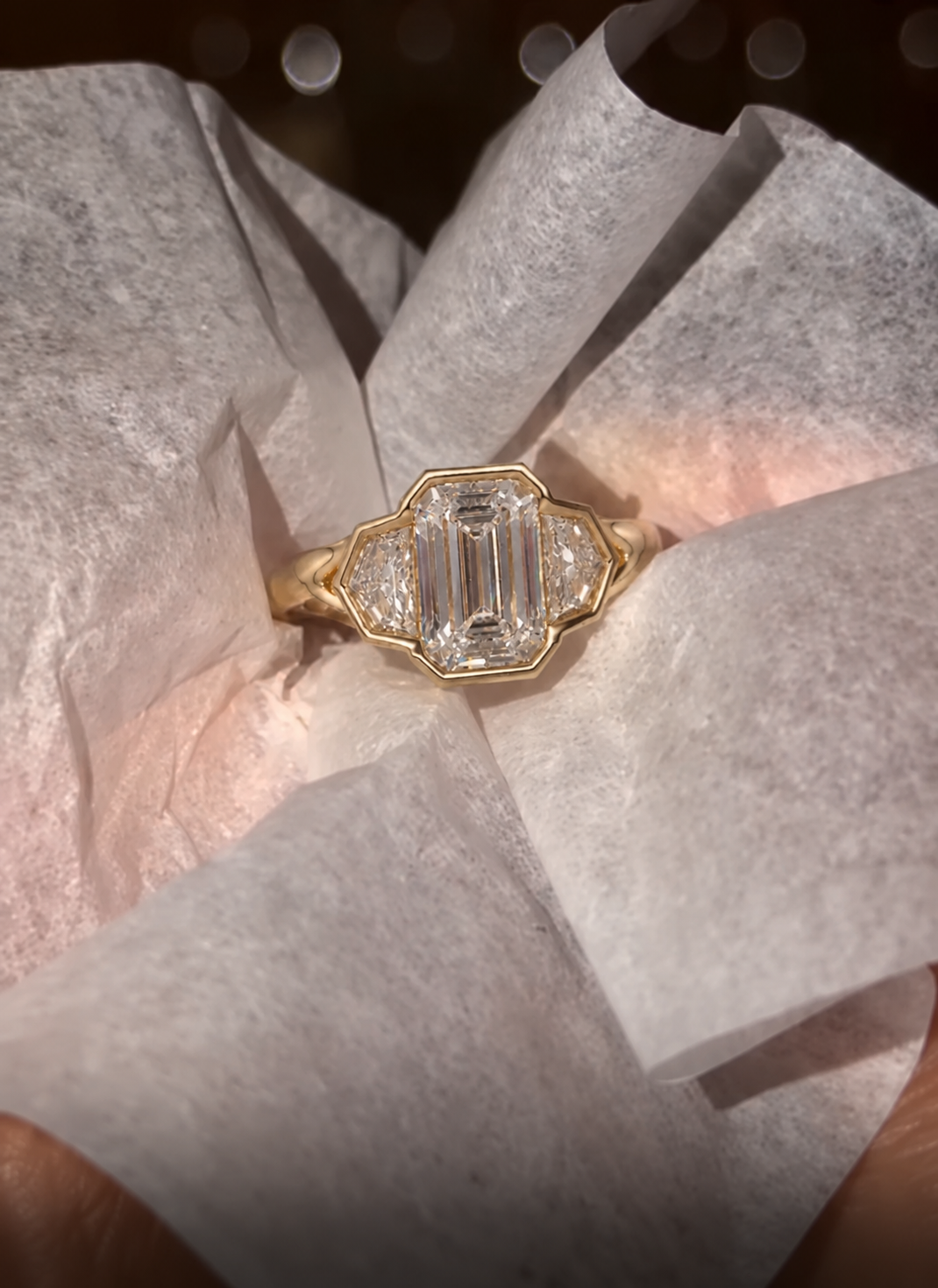 Emerald Cut Lab Grown Diamond Engagement Ring Three Stone Bezel 14K Rose Gold Cadillac Side Stones