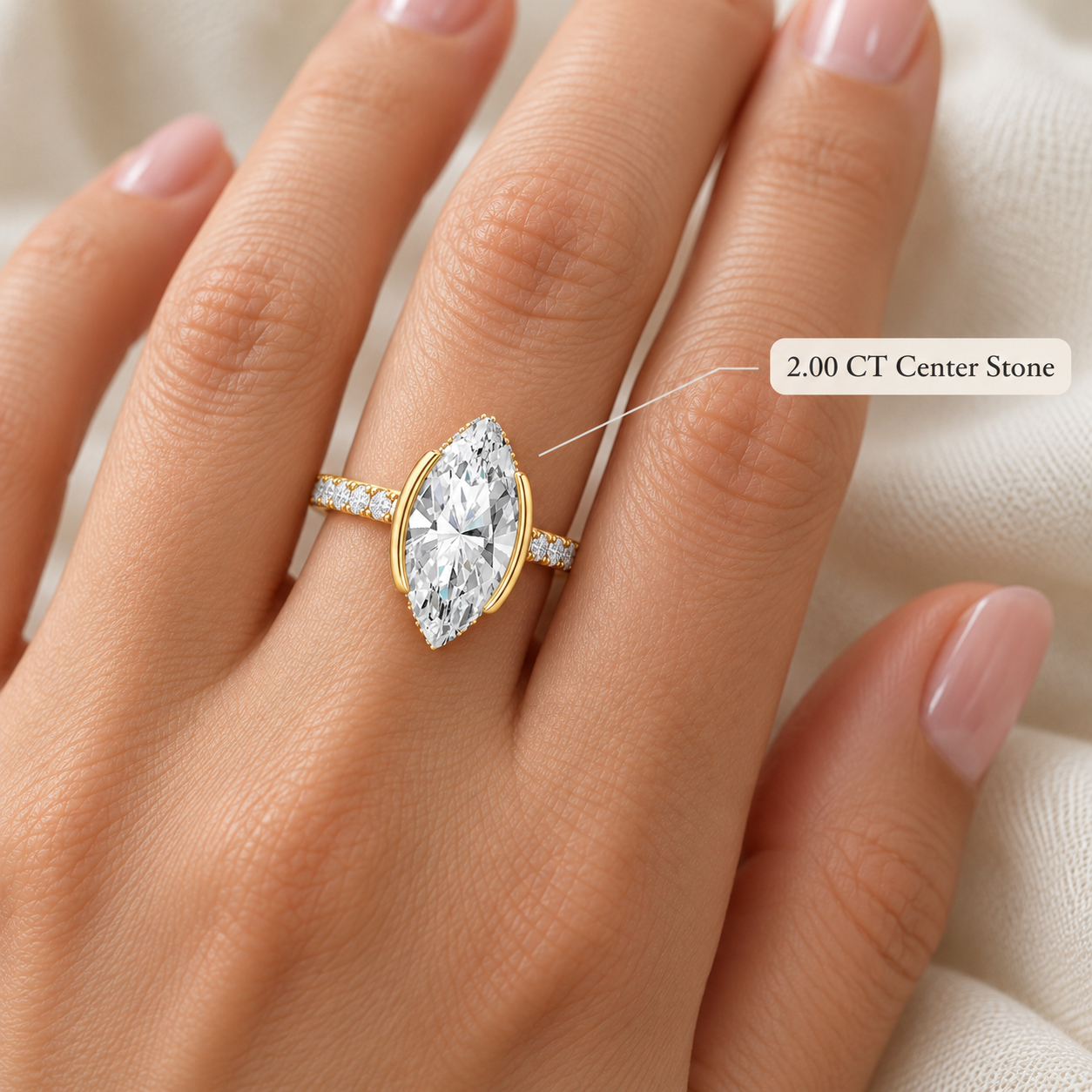 Marquise Lab Grown Diamond Engagement Ring: Half Bezel, Pavé Band, 14K White Gold