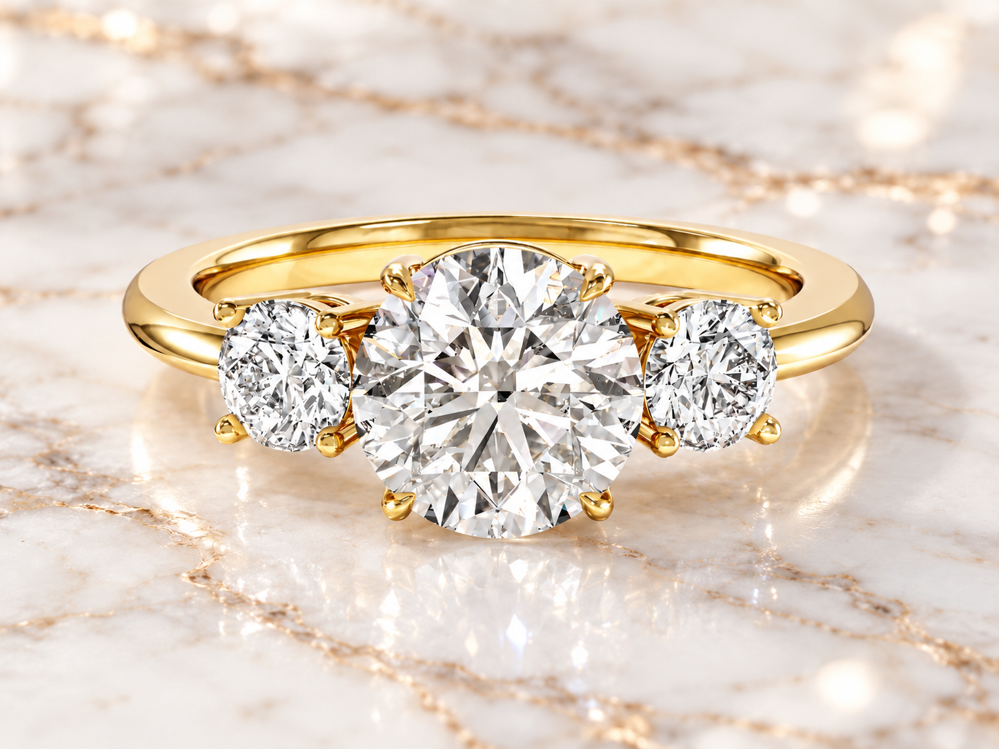 Round Lab Grown Diamond Engagement Ring Three Stone 14K Yellow Gold IGI Certified