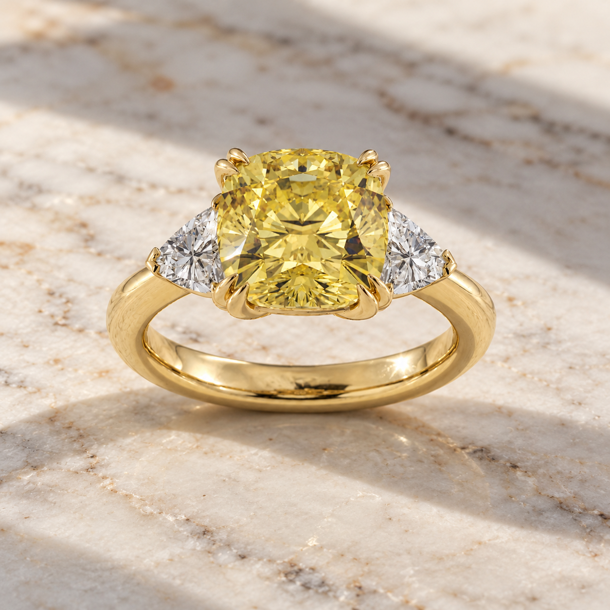 Fancy Yellow Cushion Lab Grown Diamond Engagement Ring – Three Stone 14K Yellow Gold Trillion Accents