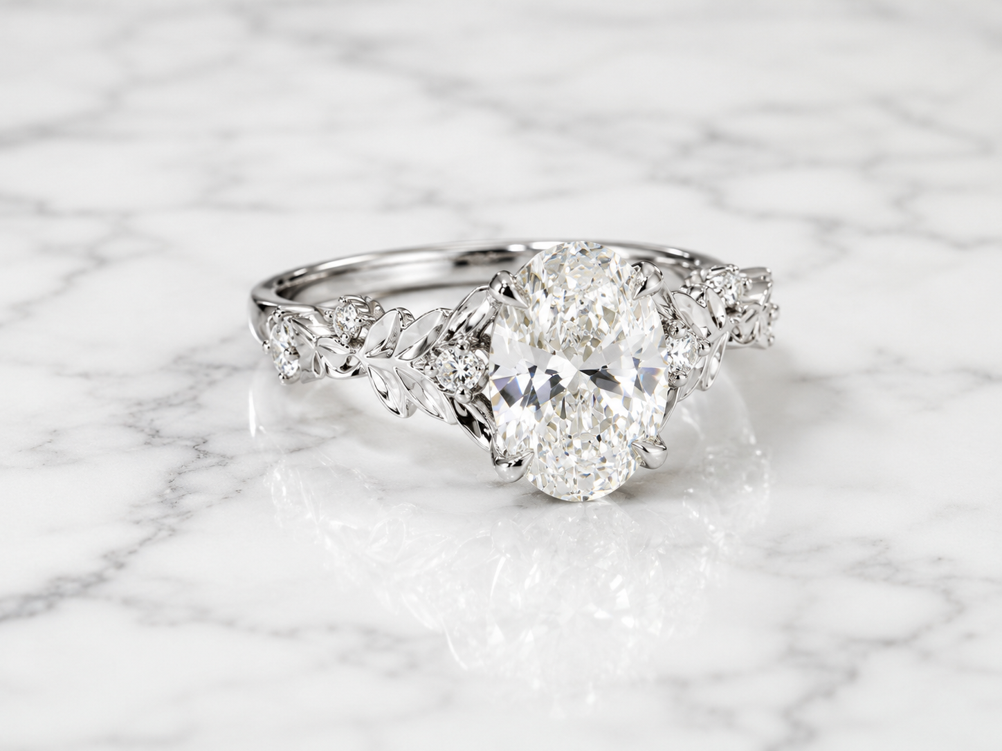 Oval Lab Grown Diamond Floral Engagement Ring in White Gold