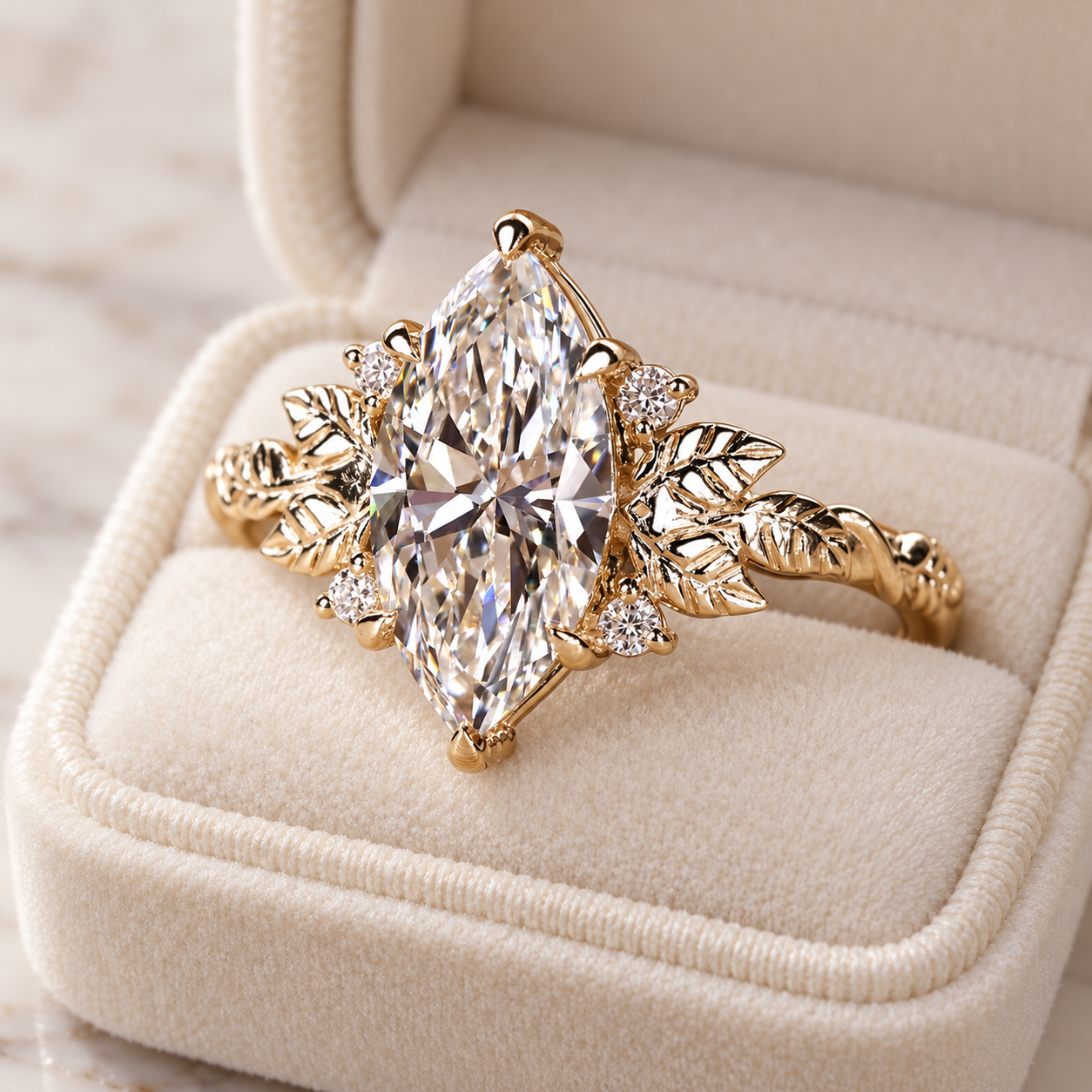 Marquise Lab Grown Diamond Engagement Ring Nature-Inspired Five Stone 14K Yellow Gold IGI Certified