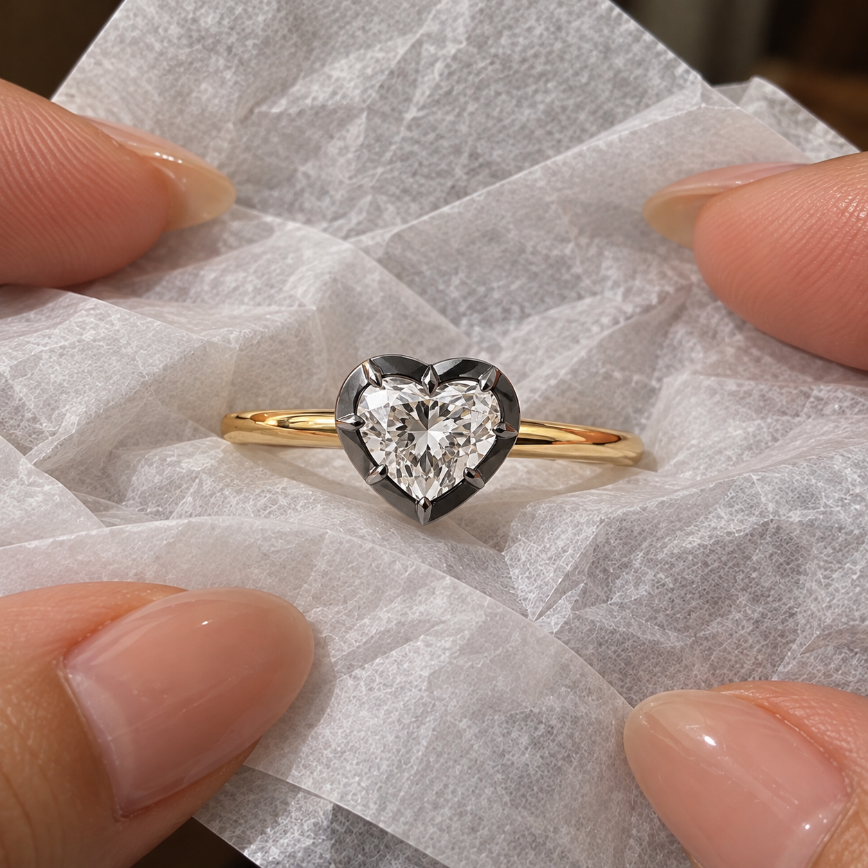 Heart-Shaped Lab-Grown Diamond Solitaire Ring, Blackened Gold Setting (14K Yellow Gold)