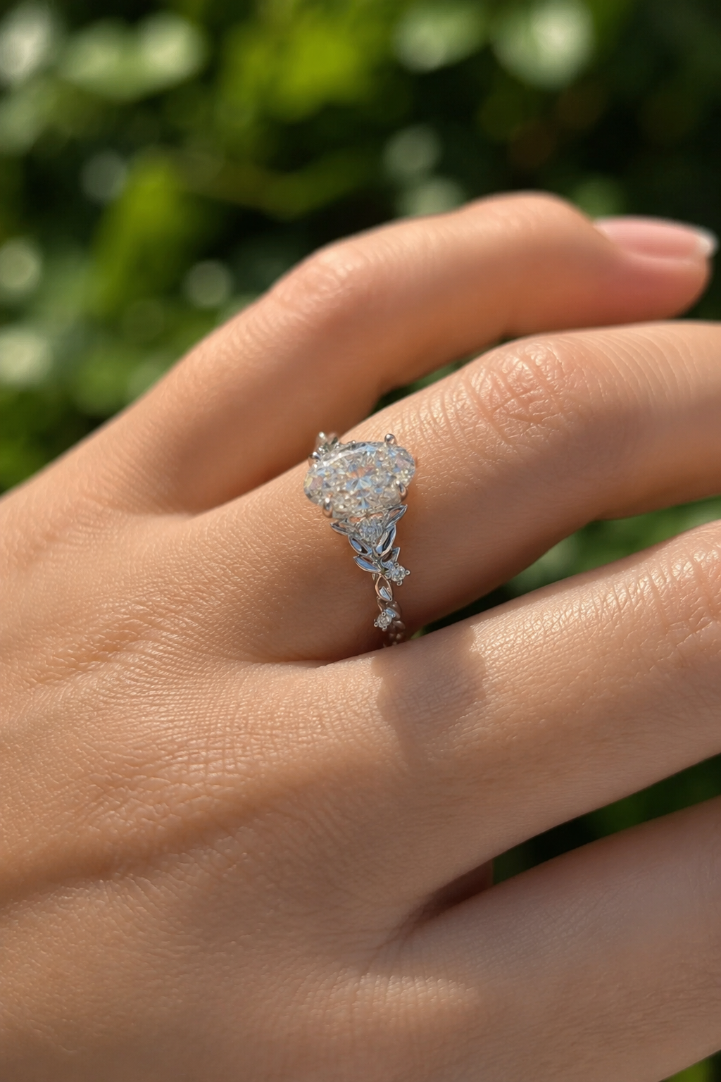 Oval Lab Grown Diamond Floral Engagement Ring in White Gold