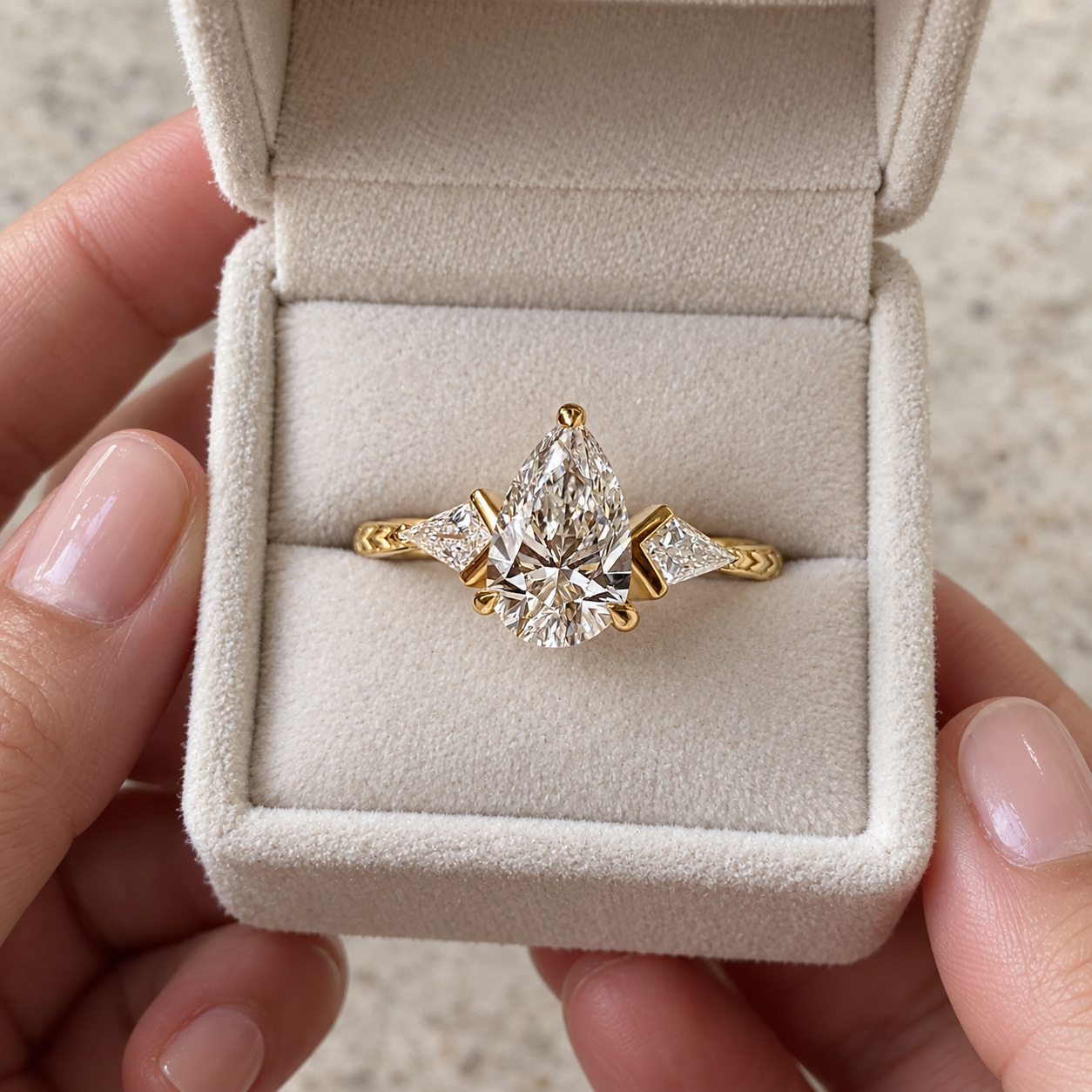 Pear Lab Grown Diamond Engagement Ring Three Stone Kite Side 14K Yellow Gold IGI Certified