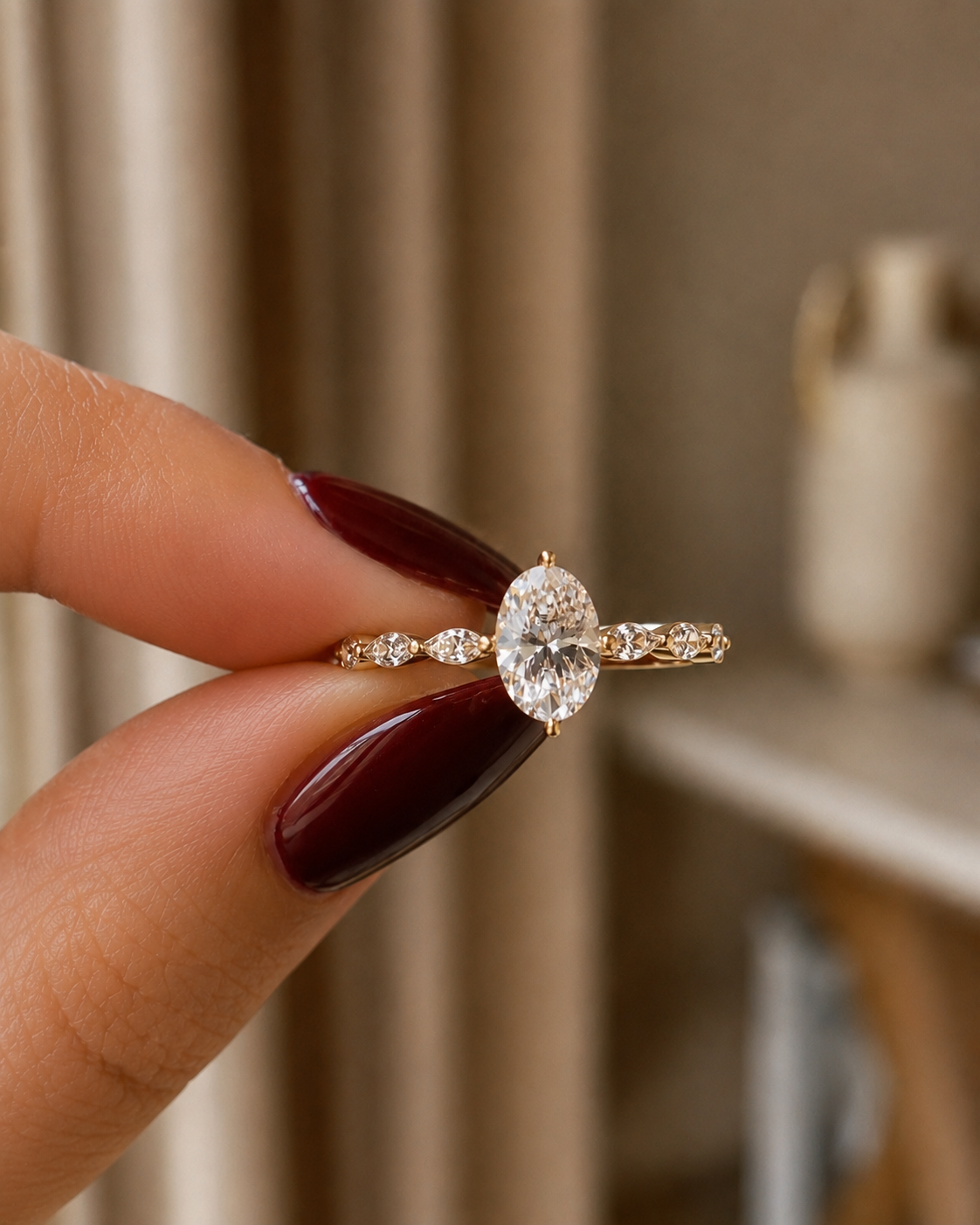 Oval Lab Grown Diamond Engagement Ring – Marquise Accent 14K Yellow Gold – Solitaire Vintage-Inspired Band