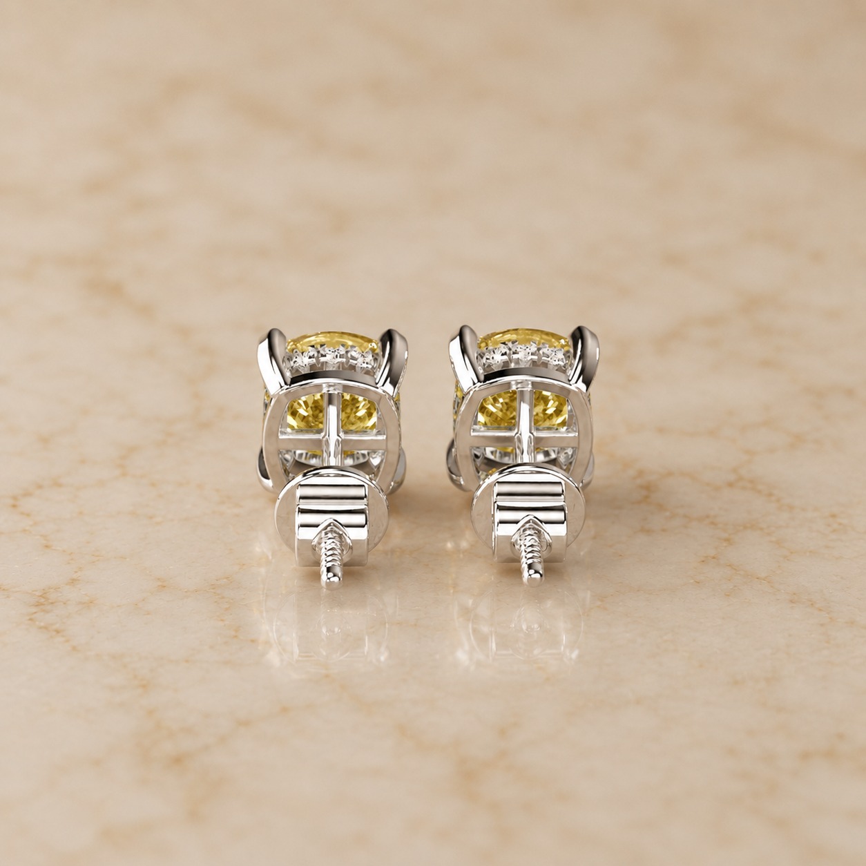 Yellow Cushion Lab Grown Diamond Stud Earrings Hidden Halo 14K White Gold IGI Certified 3.5 Carat