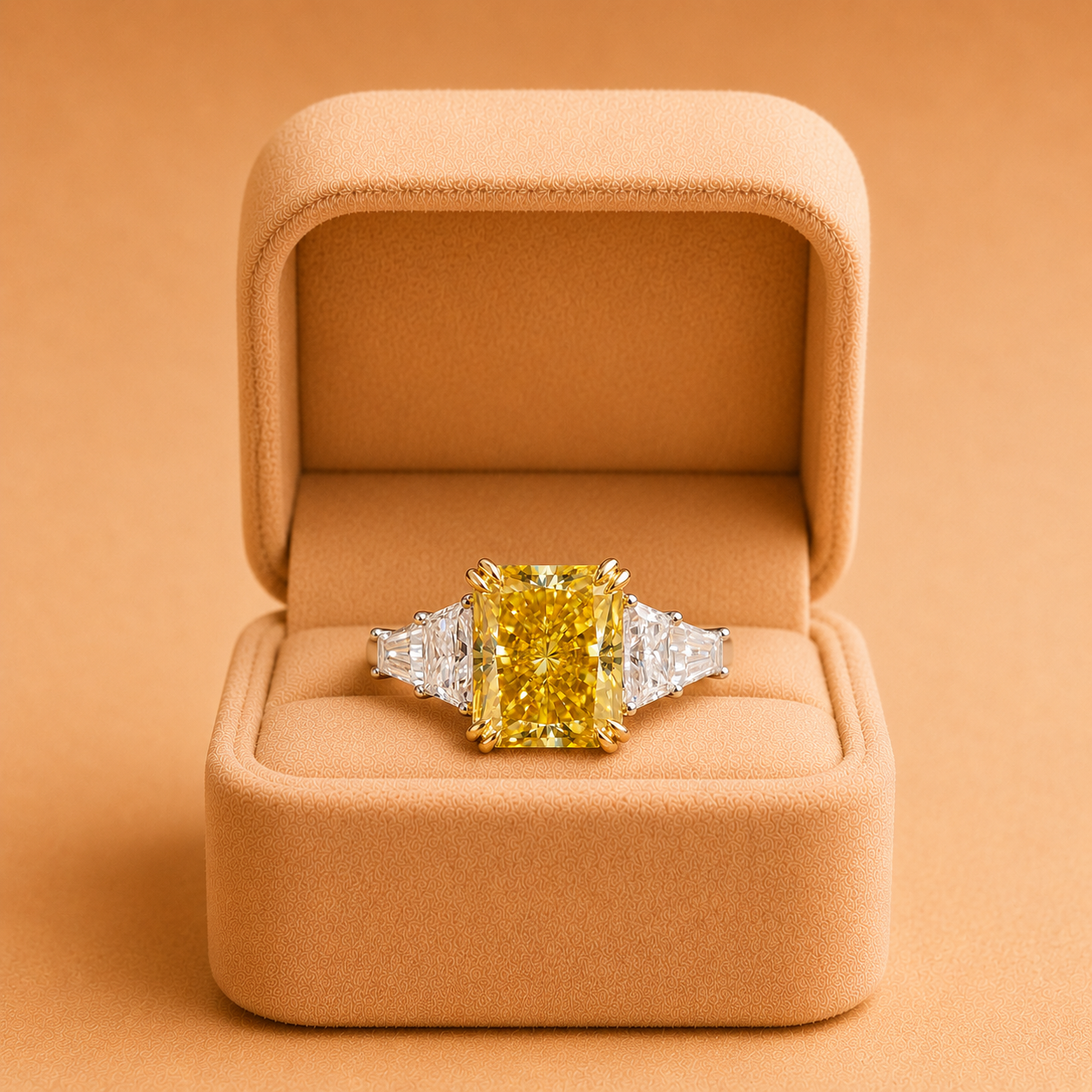 Canary Yellow Radiant Engagement Ring  Five Stone 14K Yellow Gold –VVS2 Trapezoid Baguette Sides