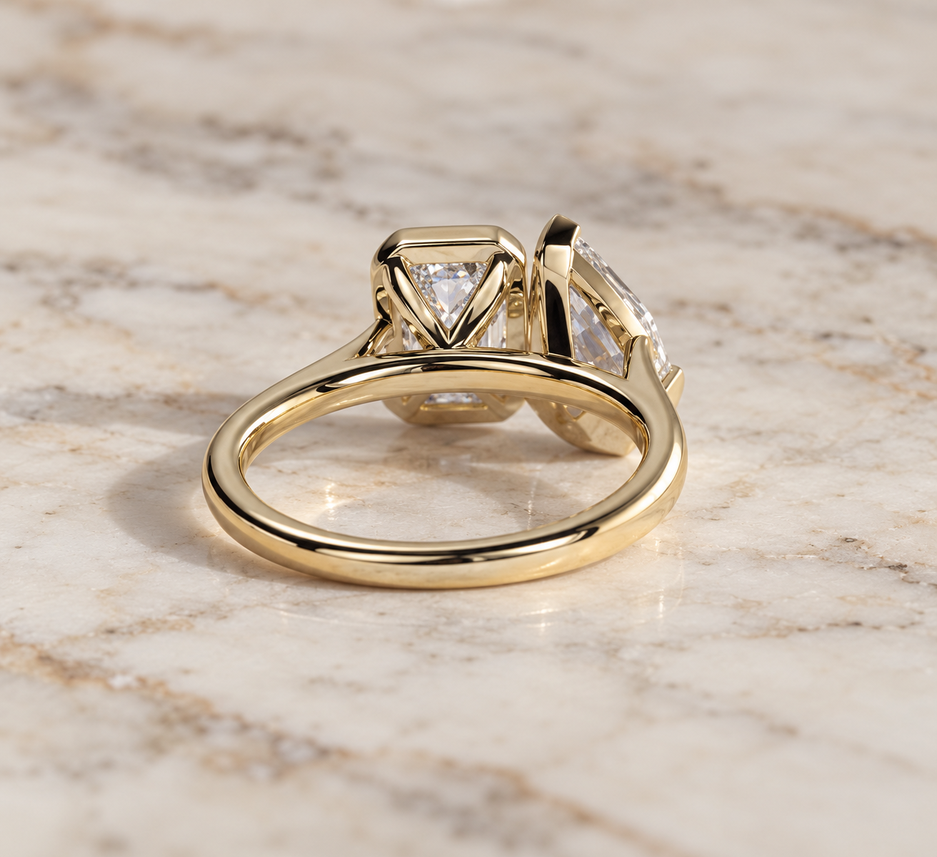 Pear & Emerald Cut Lab Grown Diamond Engagement Ring Toi et Moi 14K Yellow Gold Bezel Cathedral Setting