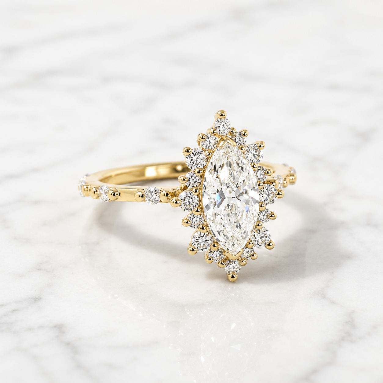 Marquise Lab Grown Diamond Engagement Ring  Vintage Alternating Halo Solid Gold E VVS2 Accent Diamonds