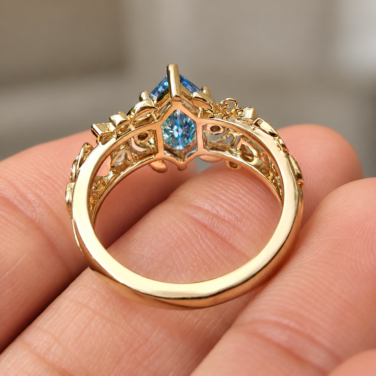 Blue Marquise Lab Grown Diamond Engagement Ring Leaf & Vine 14K Gold IGI Certified 1.5 Carat