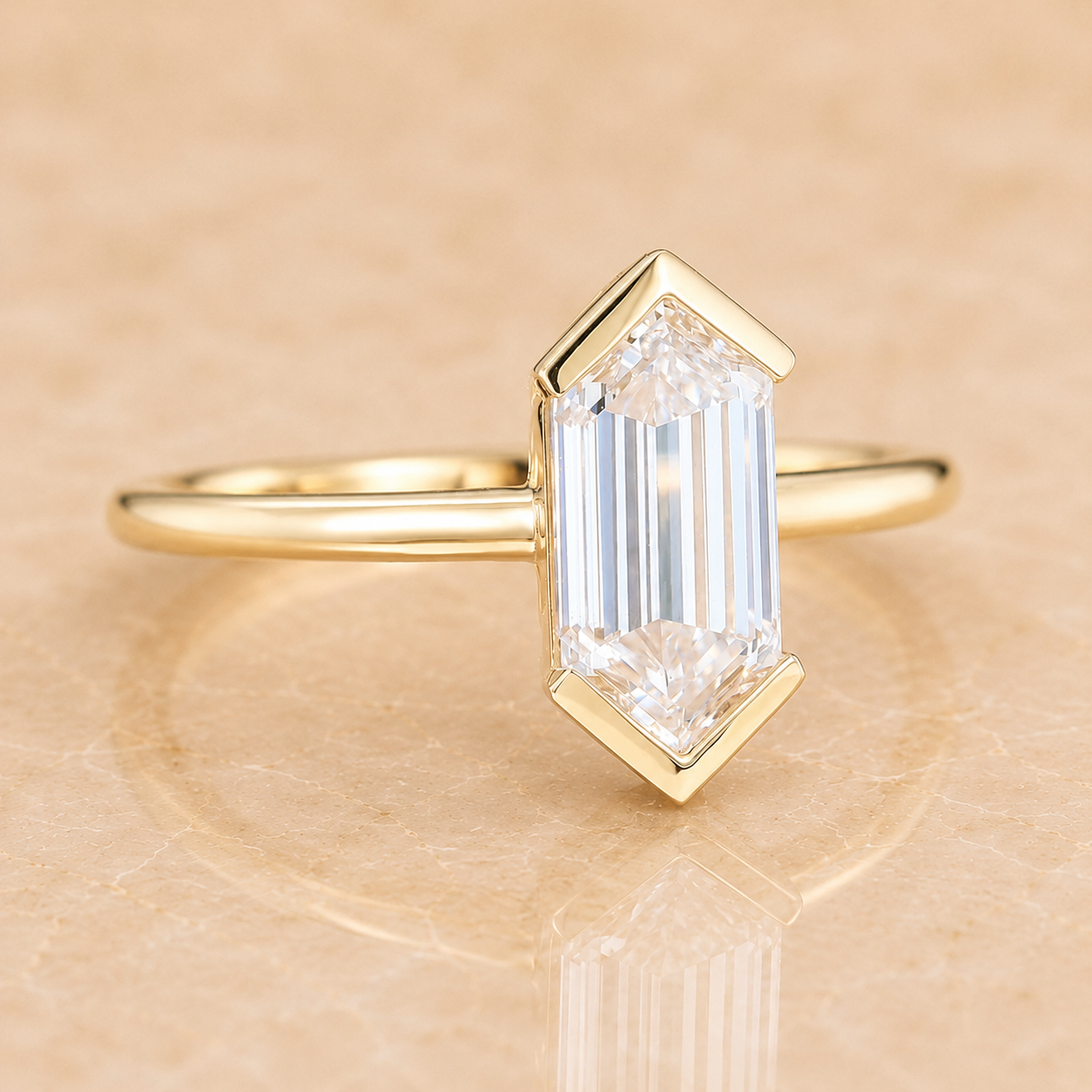 Long Hexagon Lab Grown Diamond Engagement Ring Minimalist Solitaire 1.5 Carat