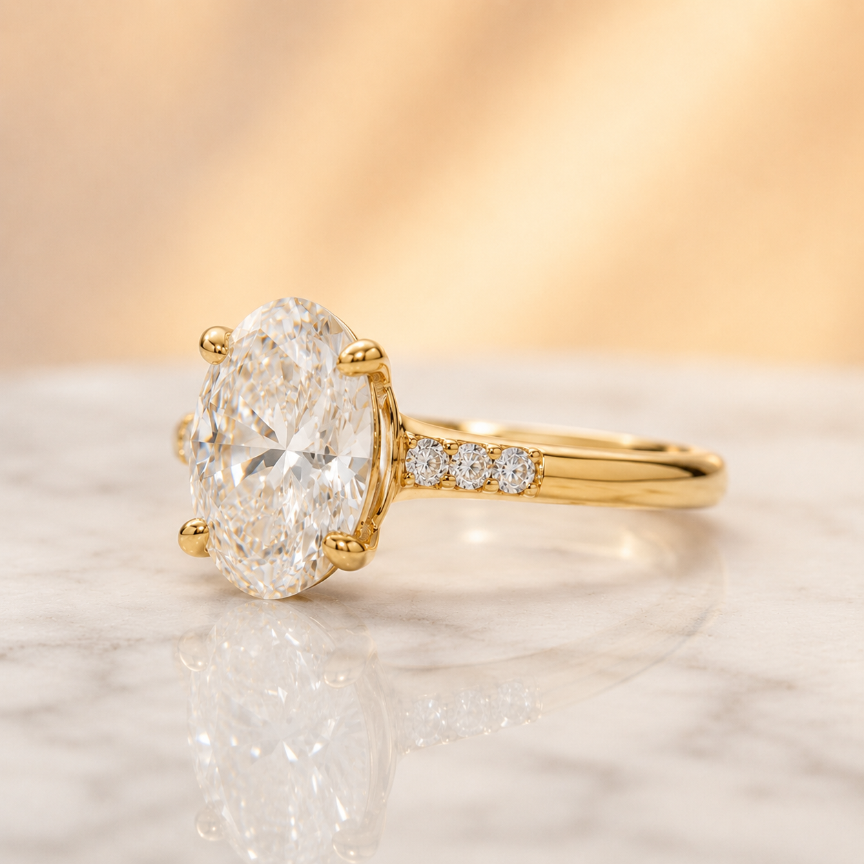 Oval Lab Grown Diamond Engagement Ring  IGI Certified, 14K Gold Trio Pavé Cathedral Setting — alternate view