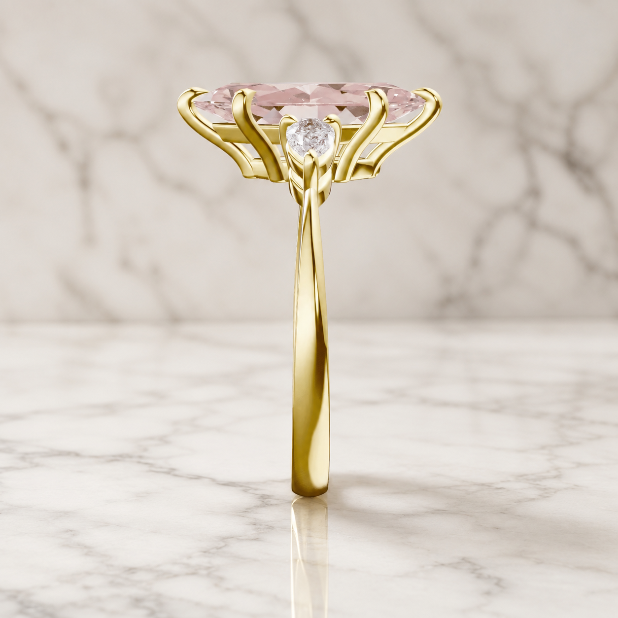Pink Marquise Lab Grown Diamond Engagement Ring Three Stone 14K Yellow Gold Pear Side Stones