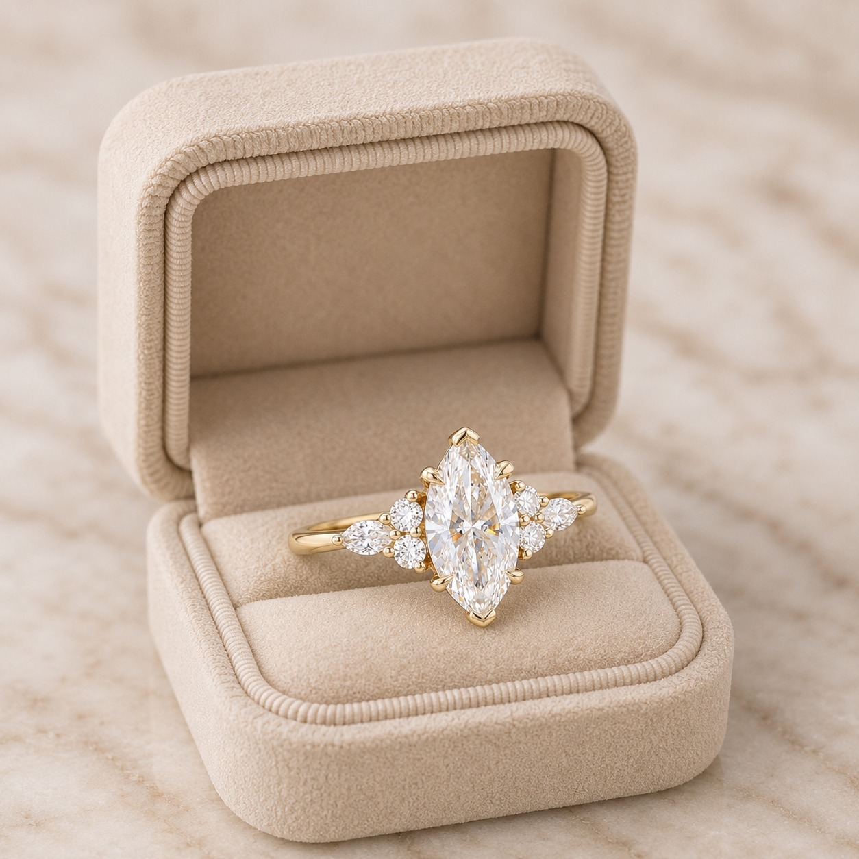 Marquise Lab Grown Diamond Engagement Ring Side Stone 14K White Gold 1 Carat Center Stone