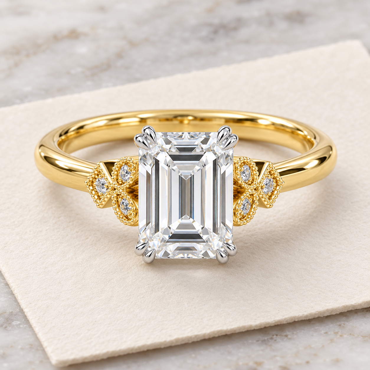 Emerald Cut Lab Grown Diamond Engagement Ring Vintage Milgrain 14K Two Tone Gold Accent Diamond Shoulders