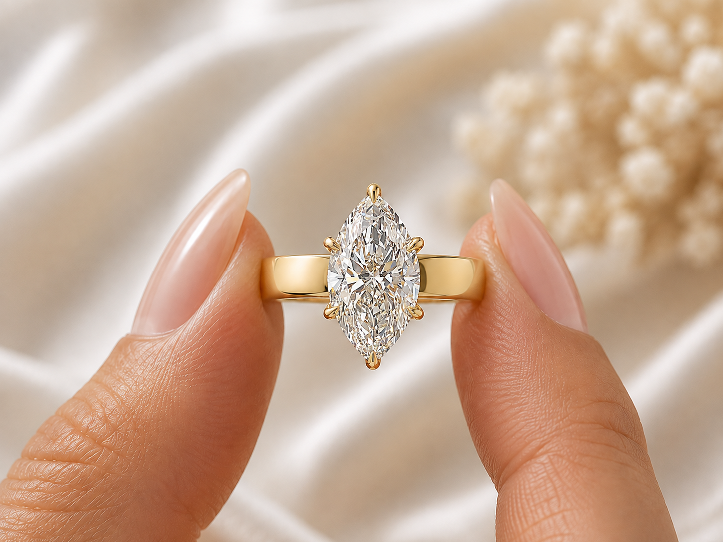 Marquise Lab Grown Diamond Engagement Ring Solitaire 14K Yellow Gold 4mm Wide Band, IGI Certified