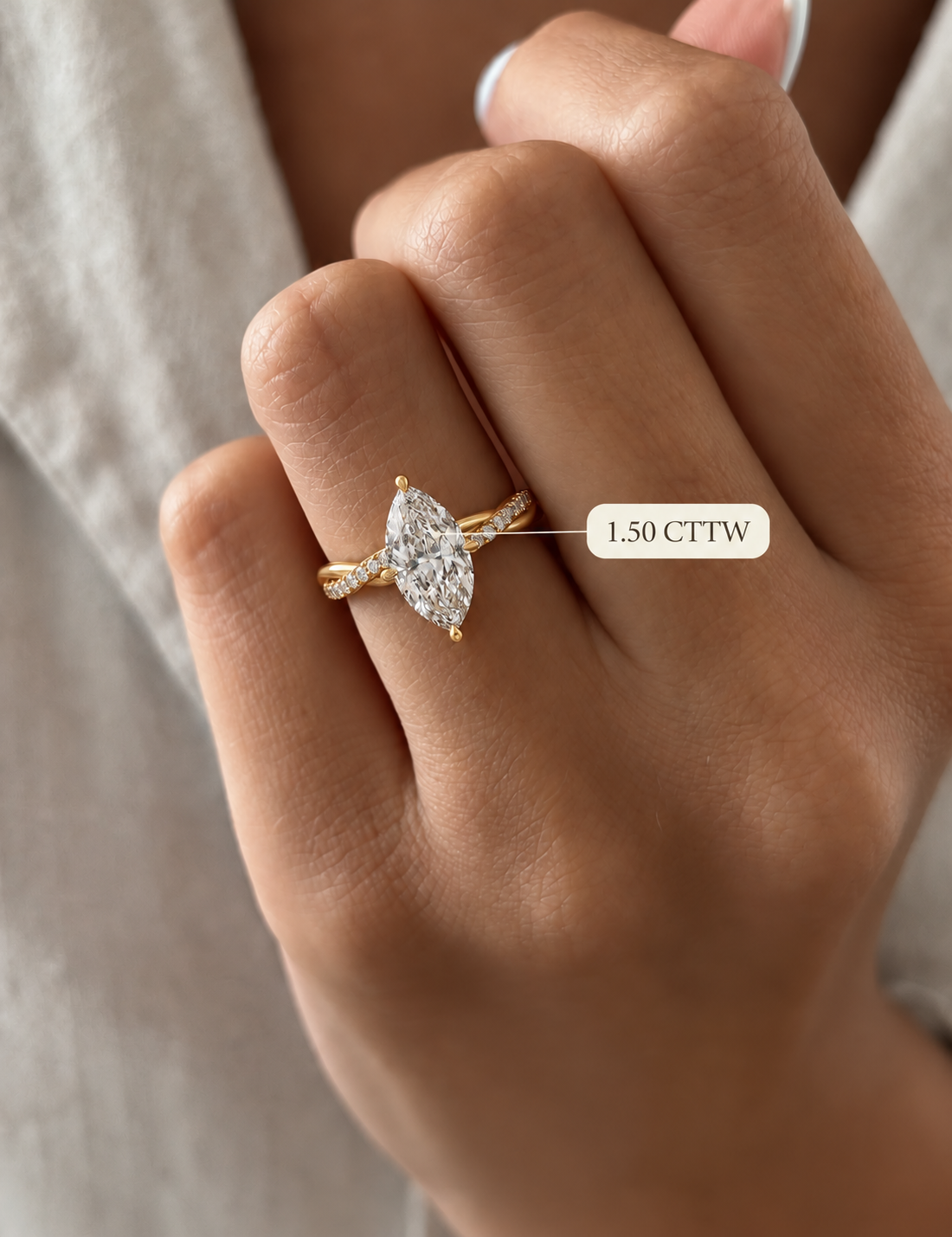 Marquise Lab Diamond Engagement Ring Twisted Vine Pave Band 14K Yellow Gold Solitaire