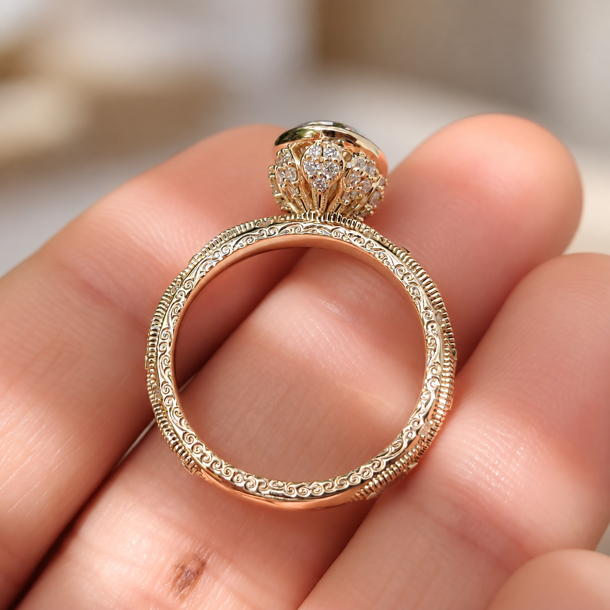 Oval Lab Grown Diamond Engagement Ring Vintage Bezel Milgrain 14K Yellow Gold IGI Certified 2 Carat