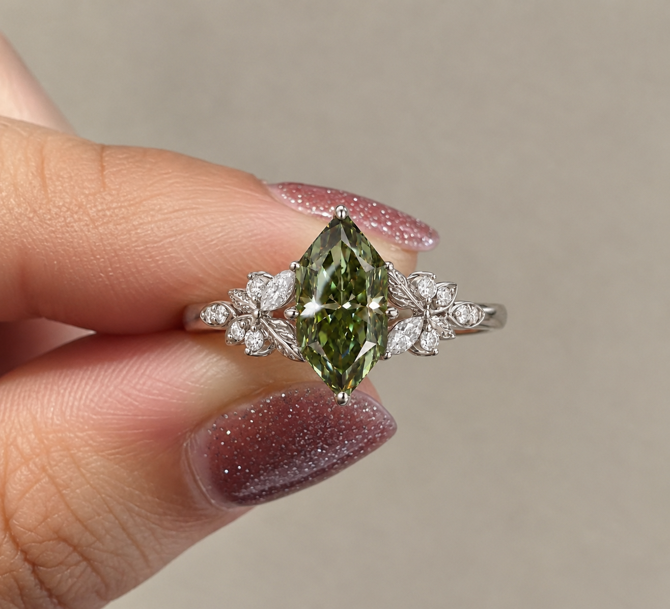 Green Marquise Lab Grown Diamond Engagement Ring Set Nature-Inspired Leaf 14K White Gold IGI Certified
