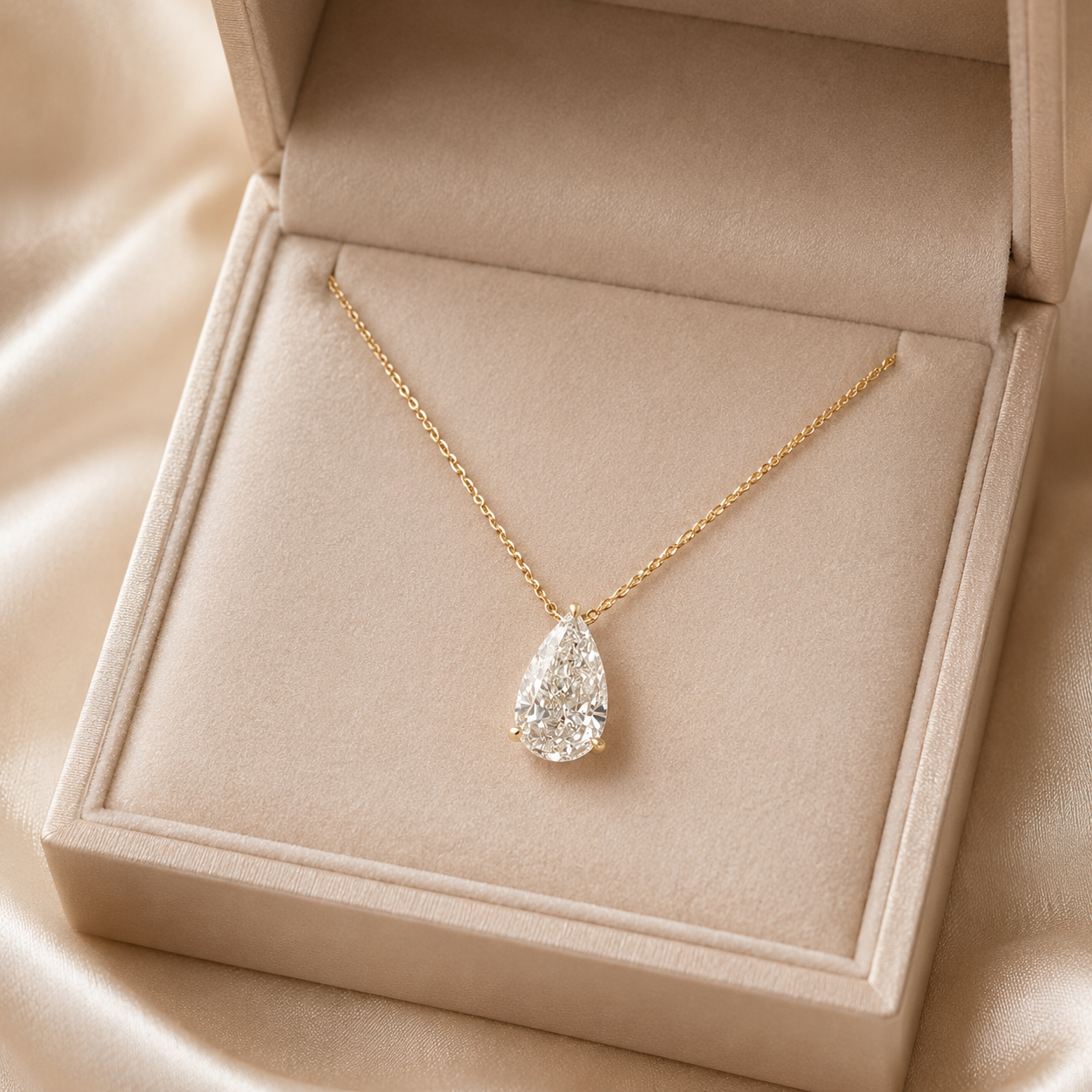 Pear Lab Grown Diamond Solitaire Pendant Necklace Prong Set 14K Yellow Gold Delicate Cable Chain