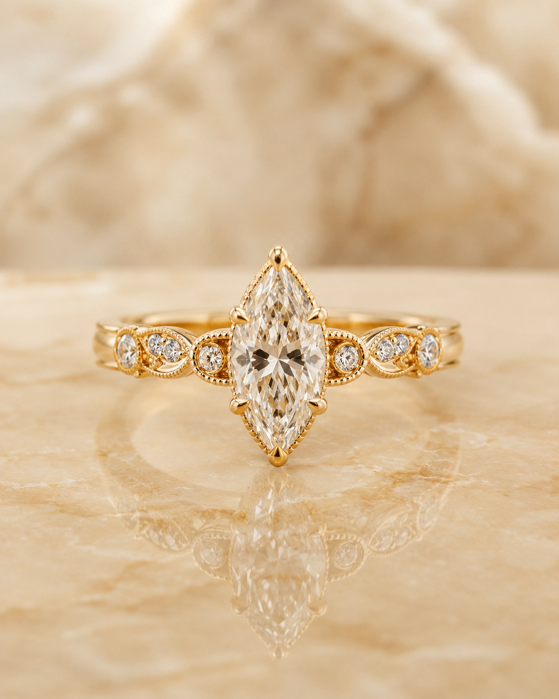 Marquise Lab Grown Diamond Engagement Ring – 14K Yellow Gold Vintage Milgrain — alternate view