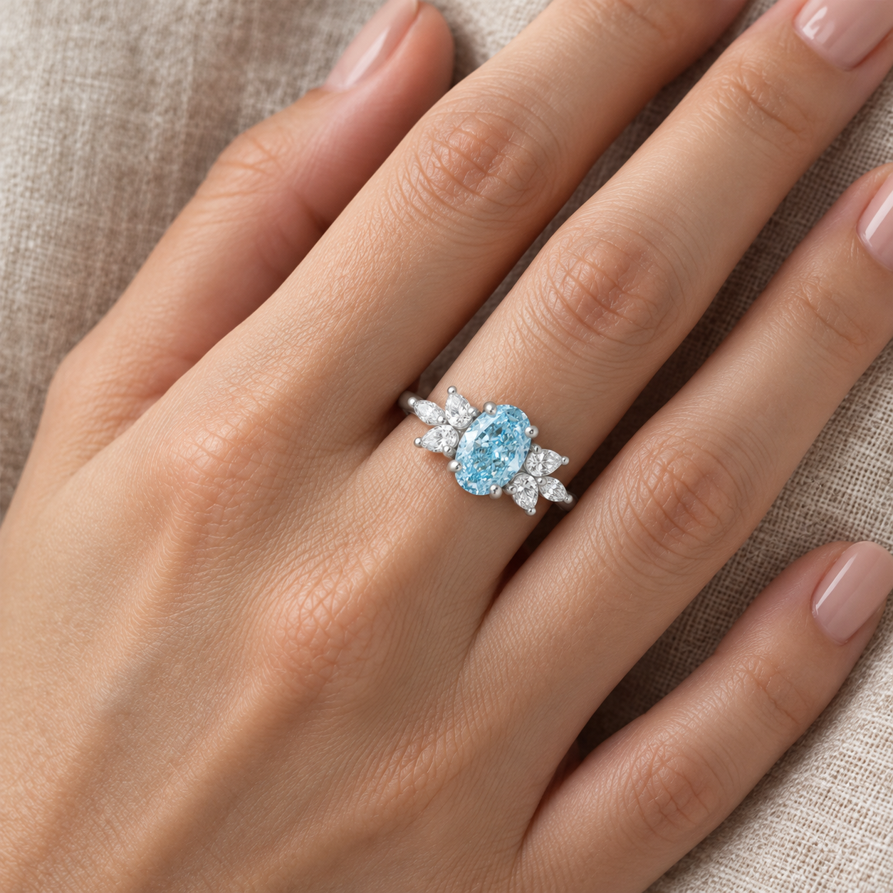 Blue Oval Lab Grown Diamond Floral Ring Four-Prong Petal Halo Platinum 950 VVS2