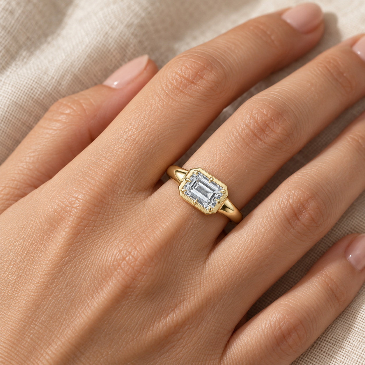 Emerald Cut Lab Grown Diamond Engagement Ring East West Solitaire 14K Yellow Gold Button Back Setting