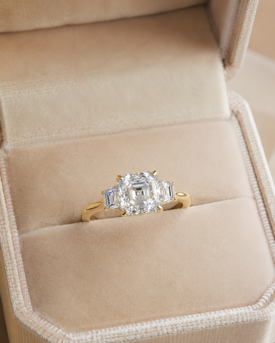 Asscher Cut Lab Grown Diamond Engagement Ring Three Stone 14K Yellow Gold Trapezoid Side Stones