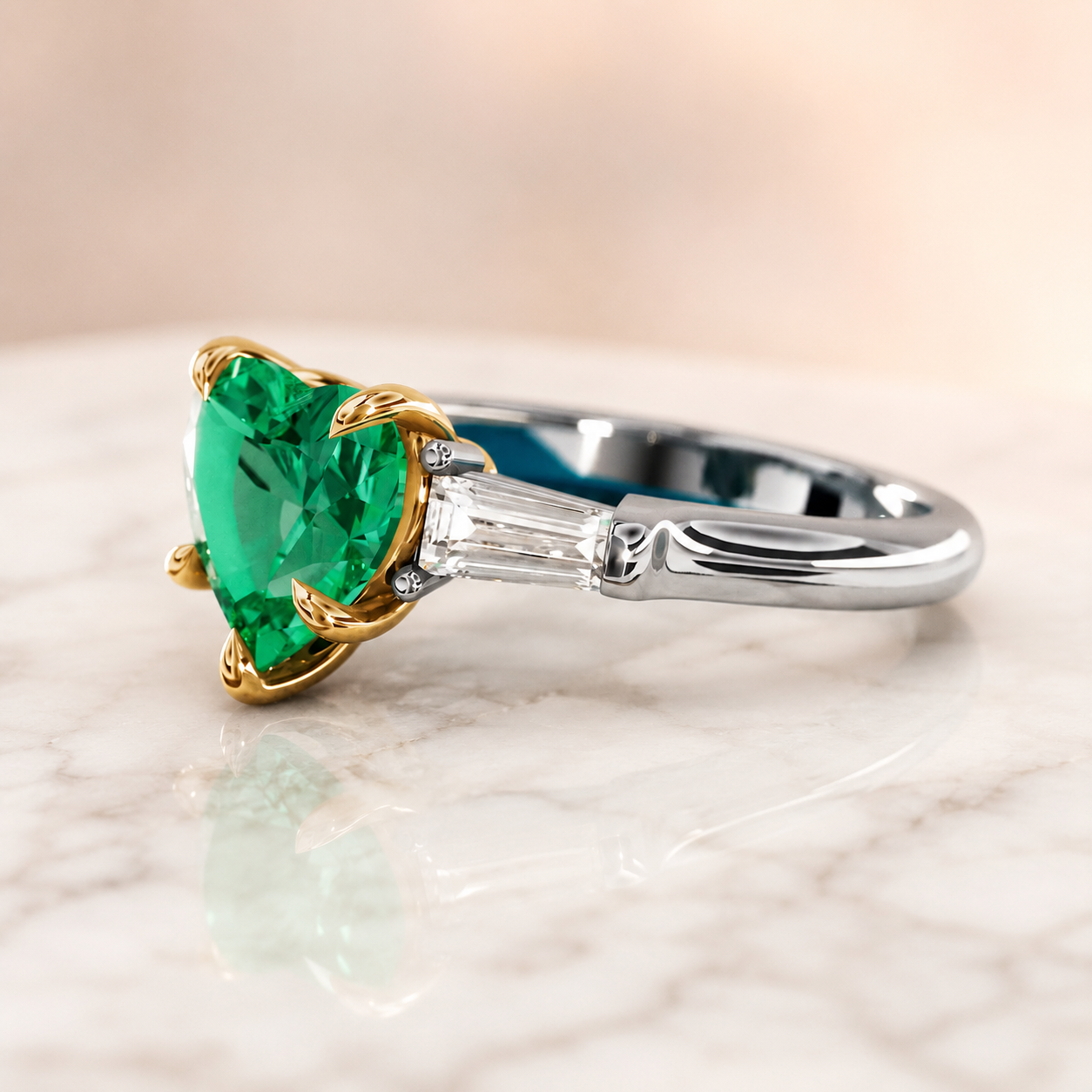 Heart Lab Grown Emerald Engagement Ring Three Stone Baguette 14K Two-Tone Gold – 2 Carat IGI