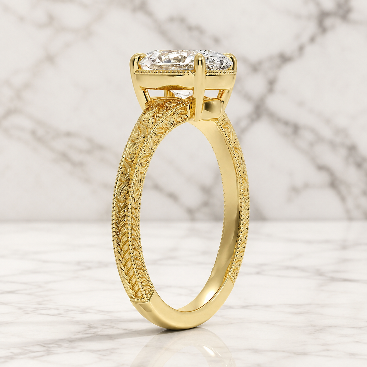 Oval Lab Grown Diamond Engagement Ring Four Prong Solitaire 14K Yellow Gold Hand-Engraved Milgrain Band