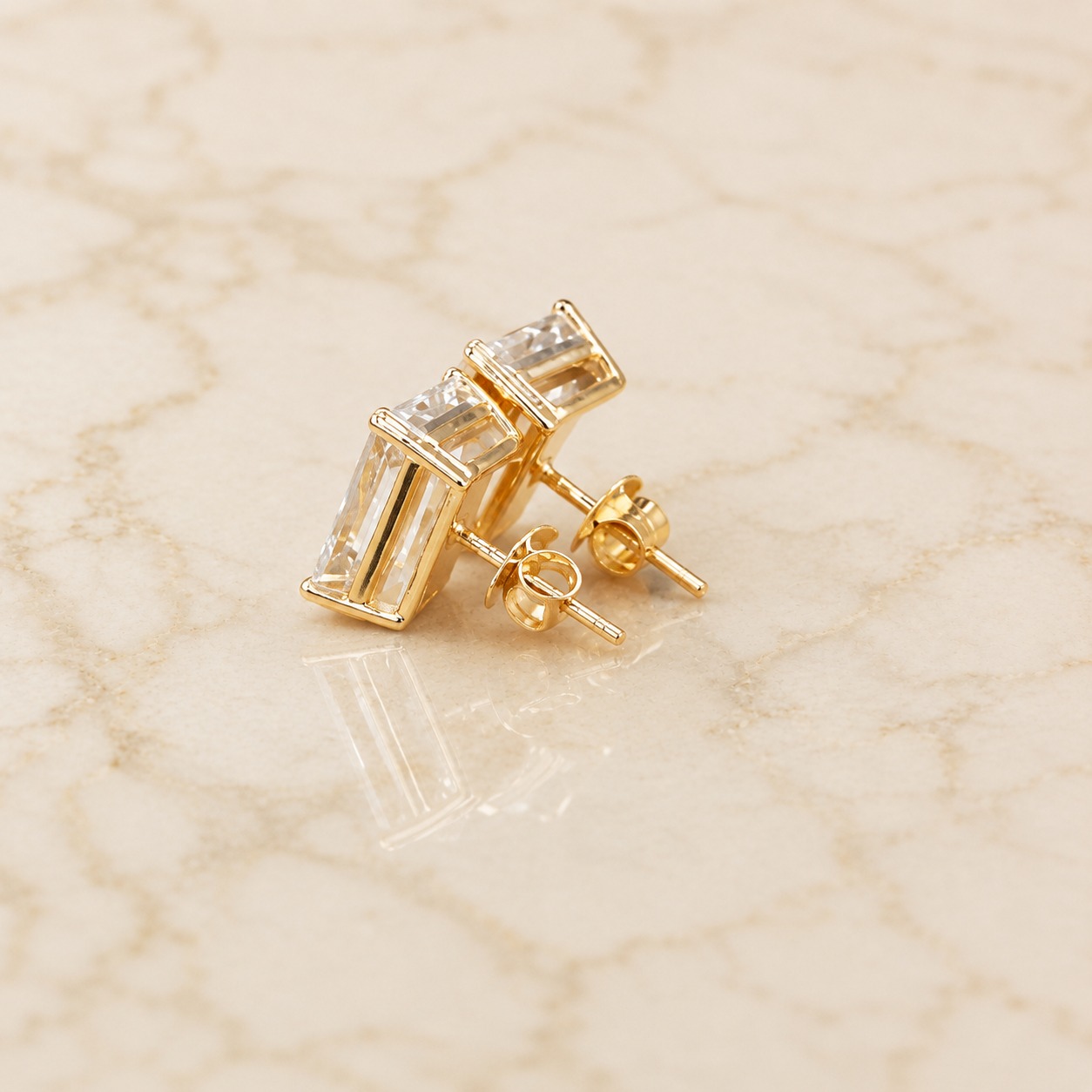 Emerald Cut Lab Grown Diamond Stud Earrings Four-Prong Solitaire 14K Yellow Gold  IGI Certified 10ct