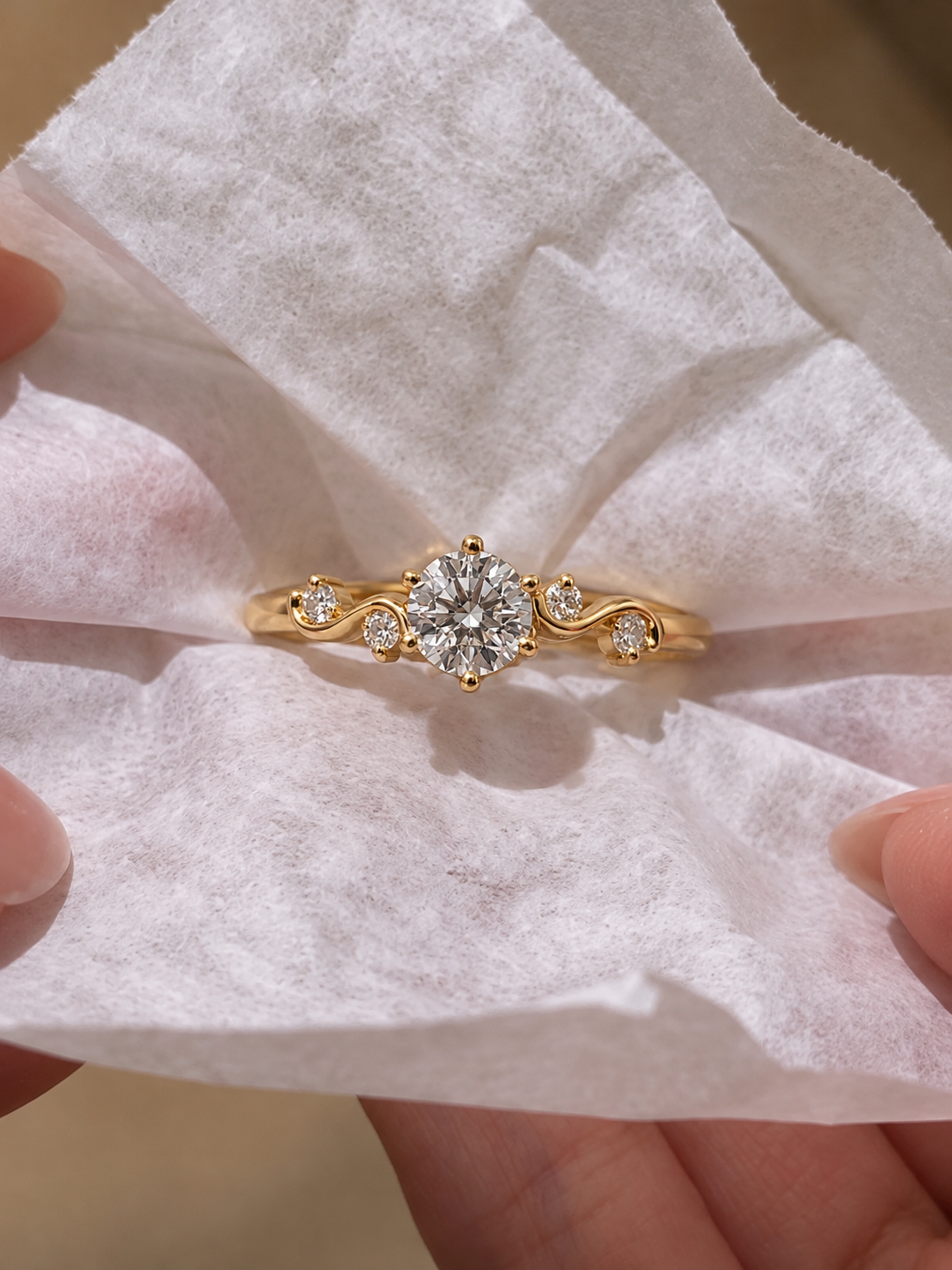 Round Lab Grown Diamond Engagement Ring Five Stone Vine 14K Yellow Gold IGI Certified