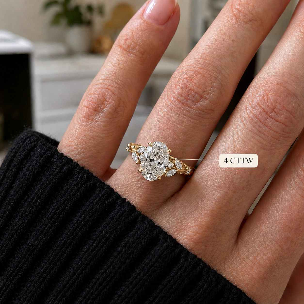 Lab-Grown Oval Diamond Engagement Ring, 14K Yellow Gold Leaf Vine Band