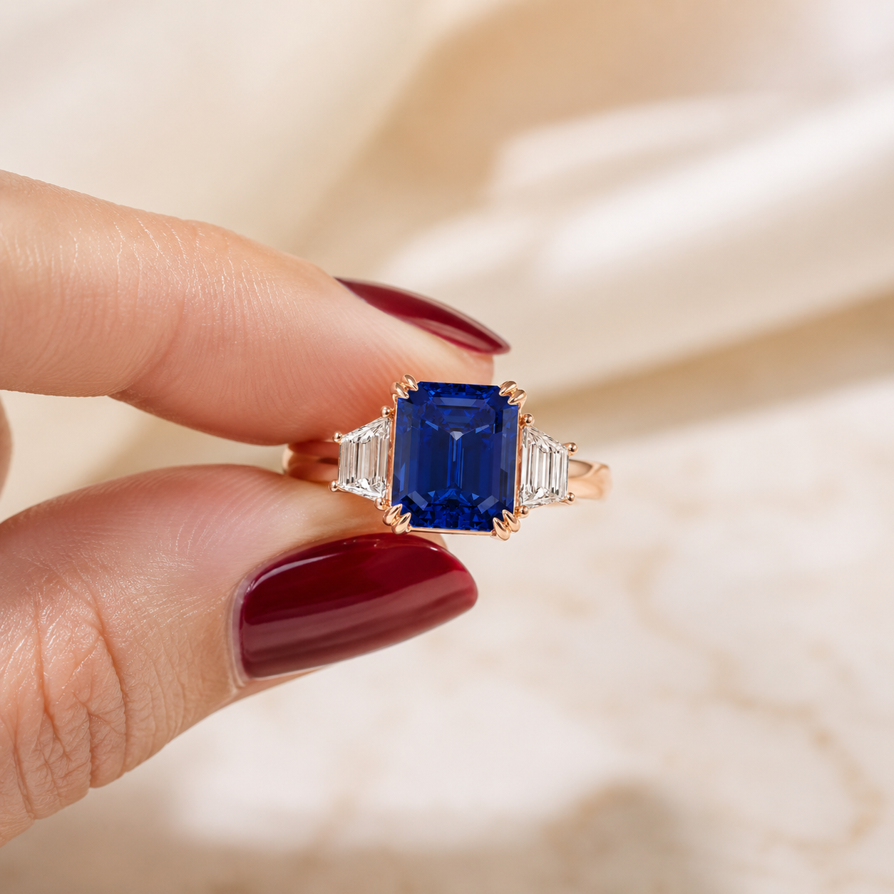 Emerald Cut Sapphire Lab Grown Diamond Engagement Ring Three Stone Trapezoid 14K Rose Gold 1ct E VVS2