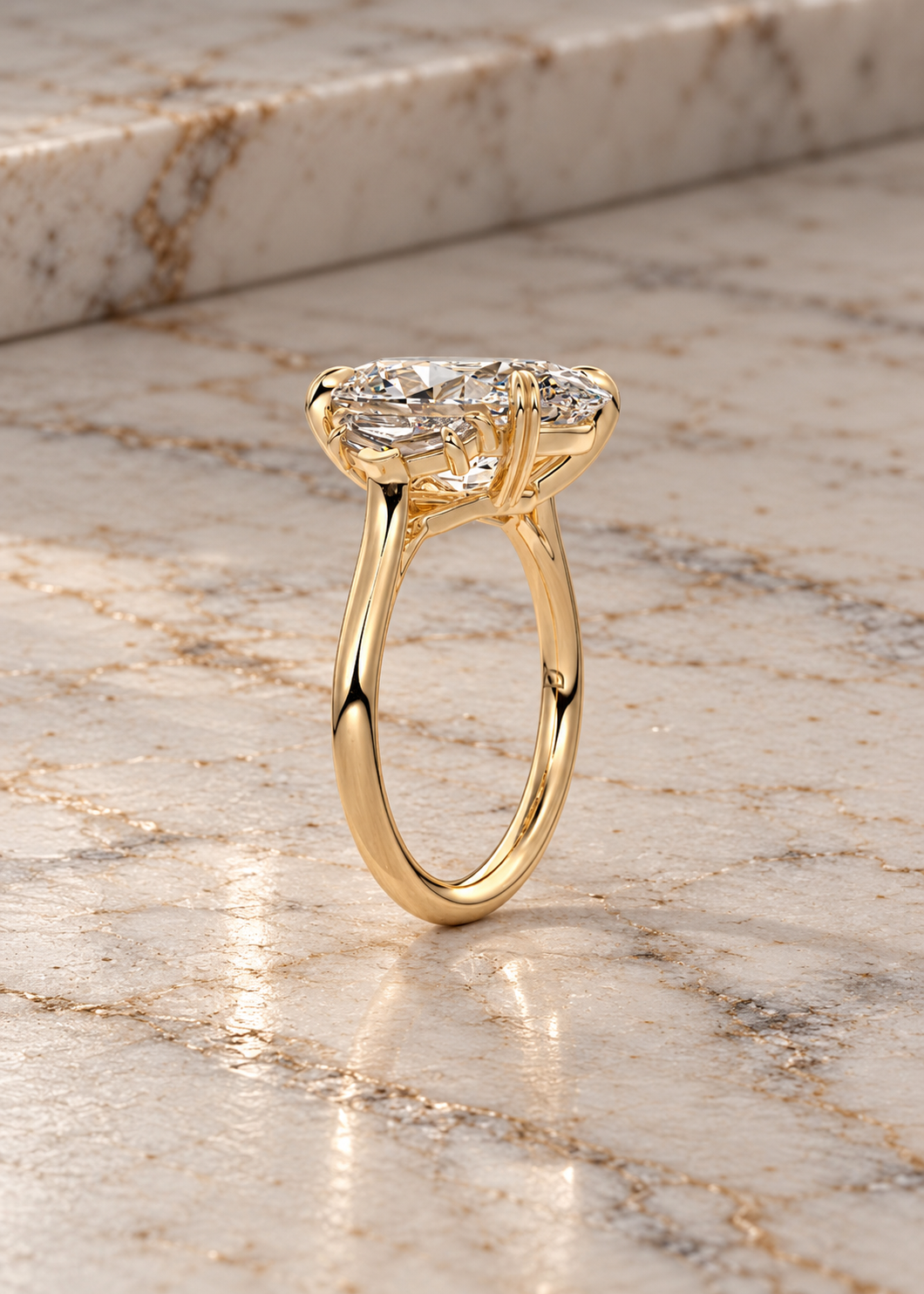 Oval Lab Grown Diamond Engagement Ring Three Stone Cadillac 14K Yellow Gold IGI Certified