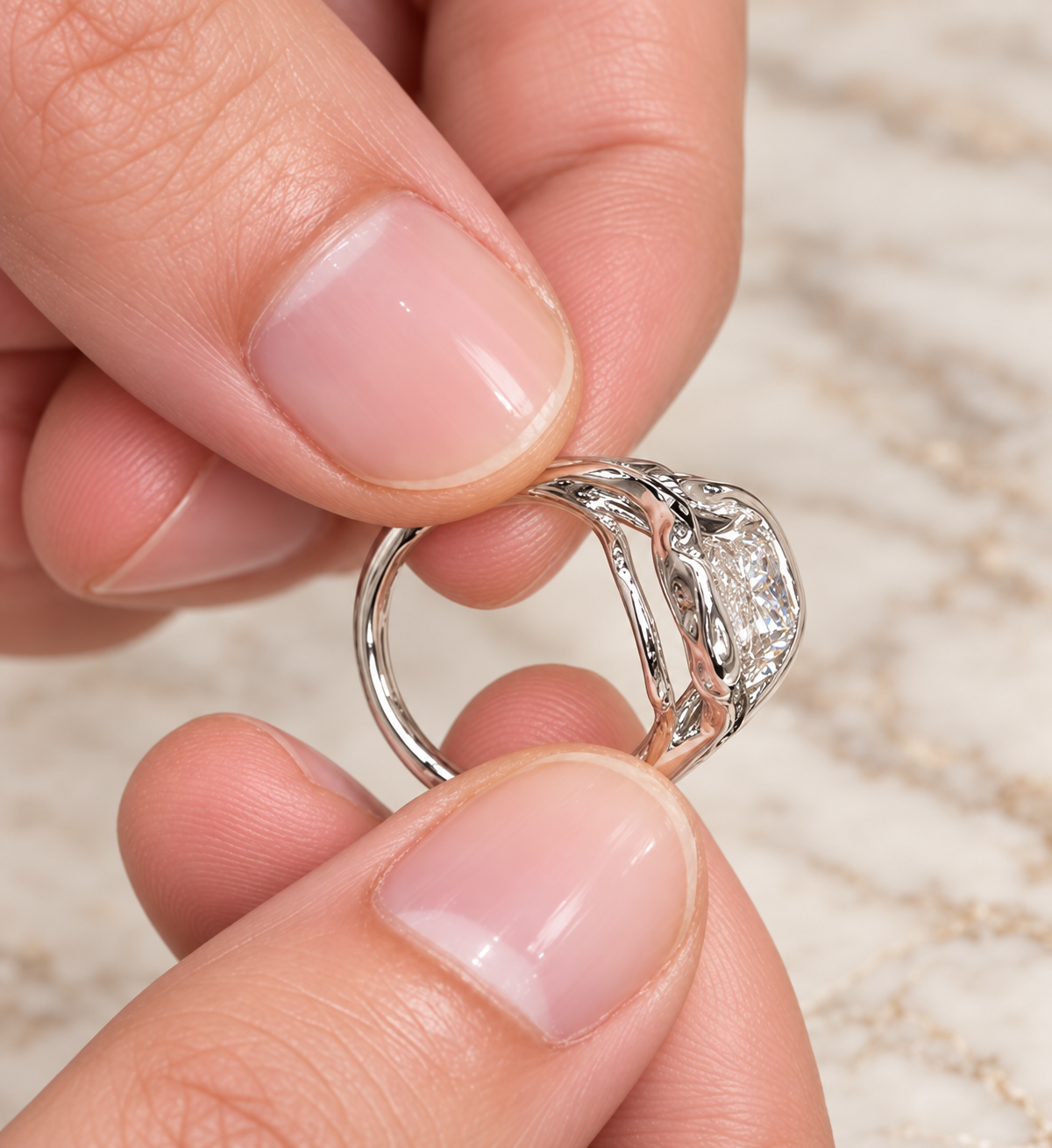 Radiant Cut Lab Grown Diamond Engagement Ring Organic Freeform Bezel 14K White Gold Split Shoulder Solitaire