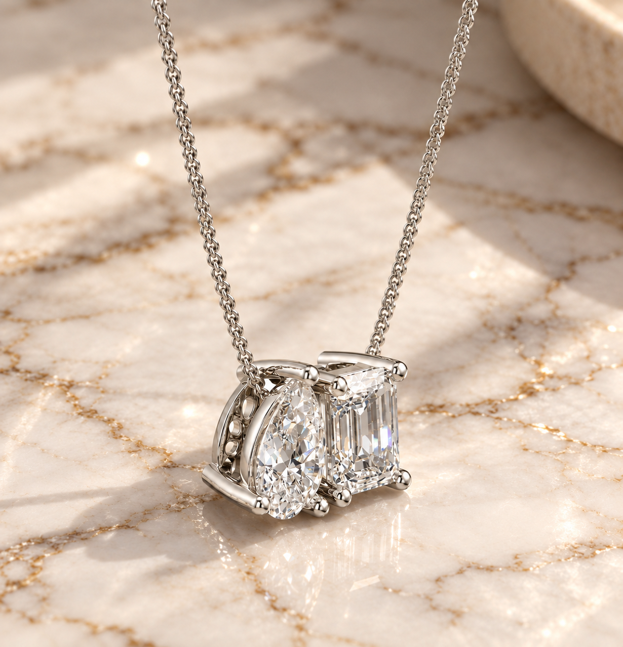 Toi et Moi Lab Diamond Pendant: Pear & Emerald Cut, 14K White Gold Necklace