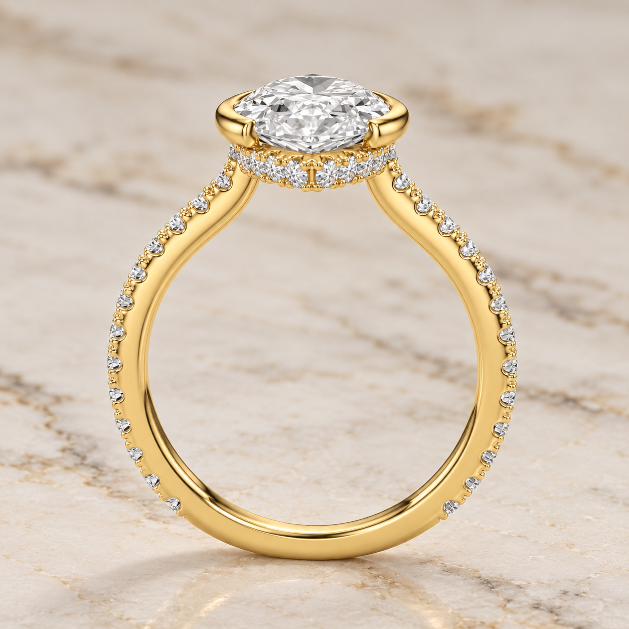 Marquise Lab Grown Diamond Engagement Ring: Half Bezel, Pavé Band, 14K White Gold