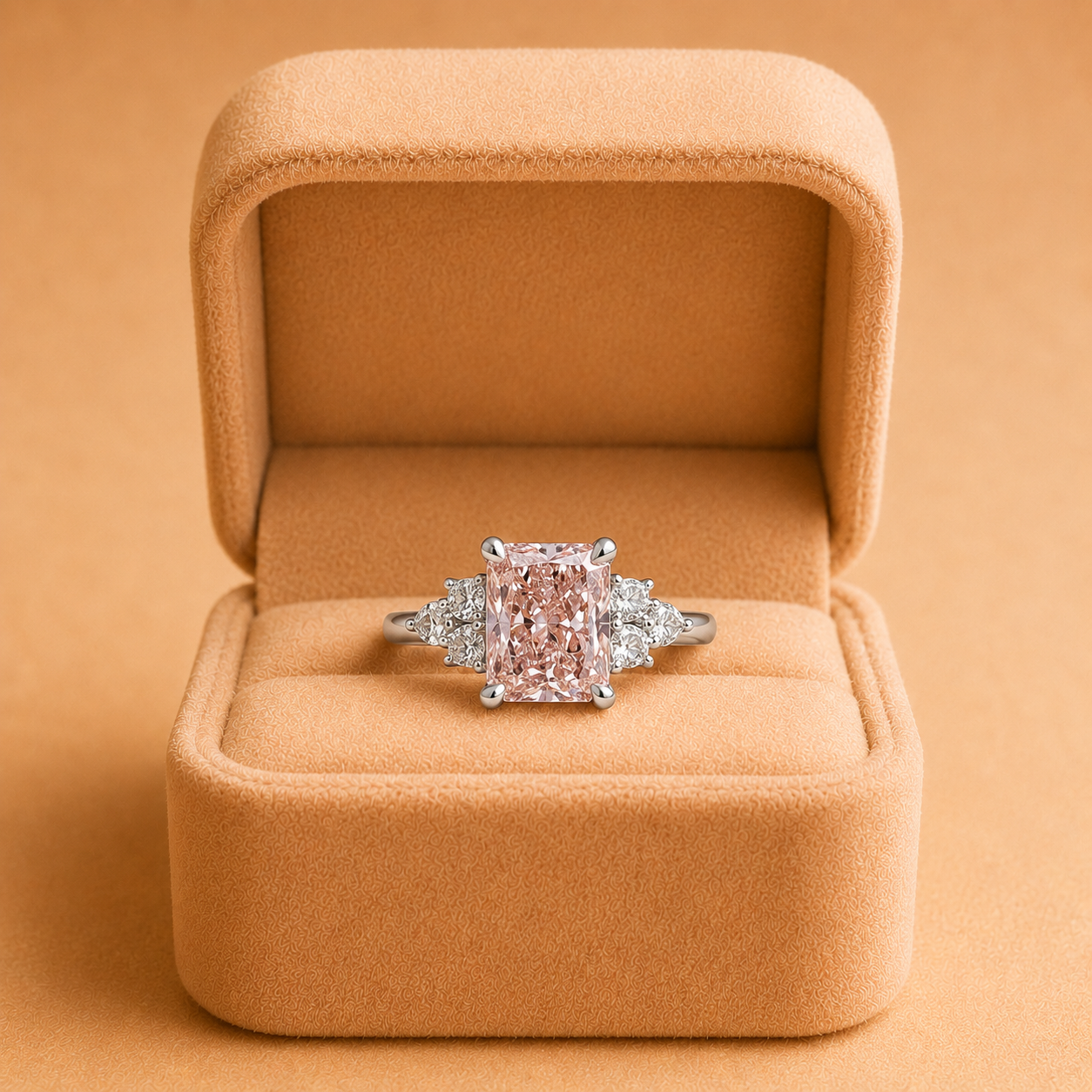 Fancy Vivid Pink Radiant Lab Grown Diamond Engagement Ring Three Stone 18K White Gold  IGI Certified 3.30 Carat