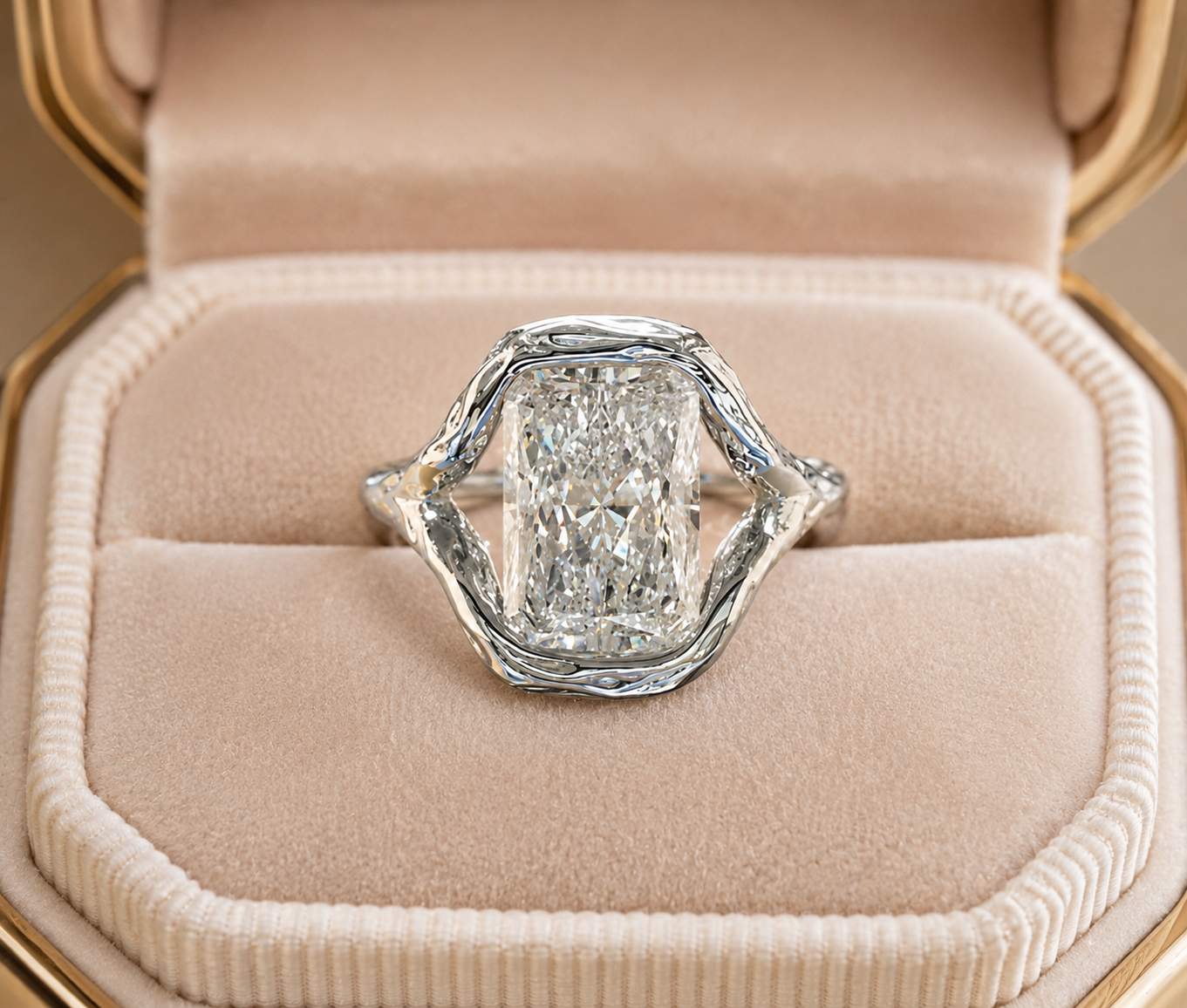Radiant Cut Lab Grown Diamond Engagement Ring Organic Freeform Bezel 14K White Gold Split Shoulder Solitaire