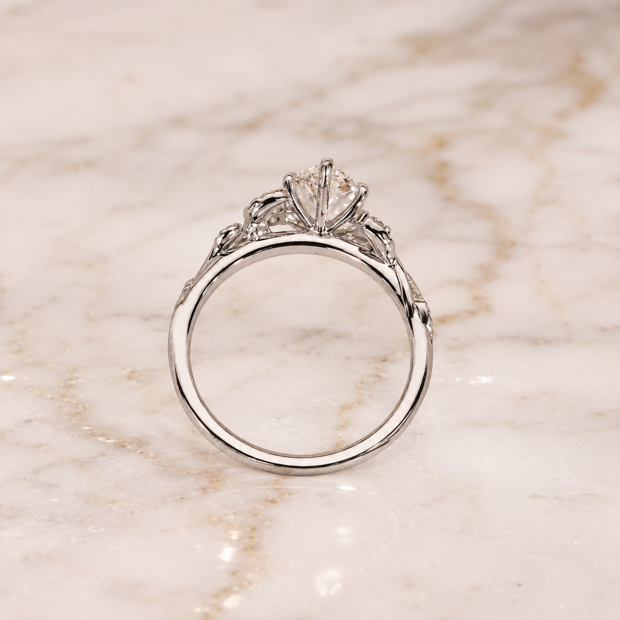 Marquise Lab Grown Diamond Engagement Ring Three Stone 14K White Gold Nature-Inspired Leaf Setting
