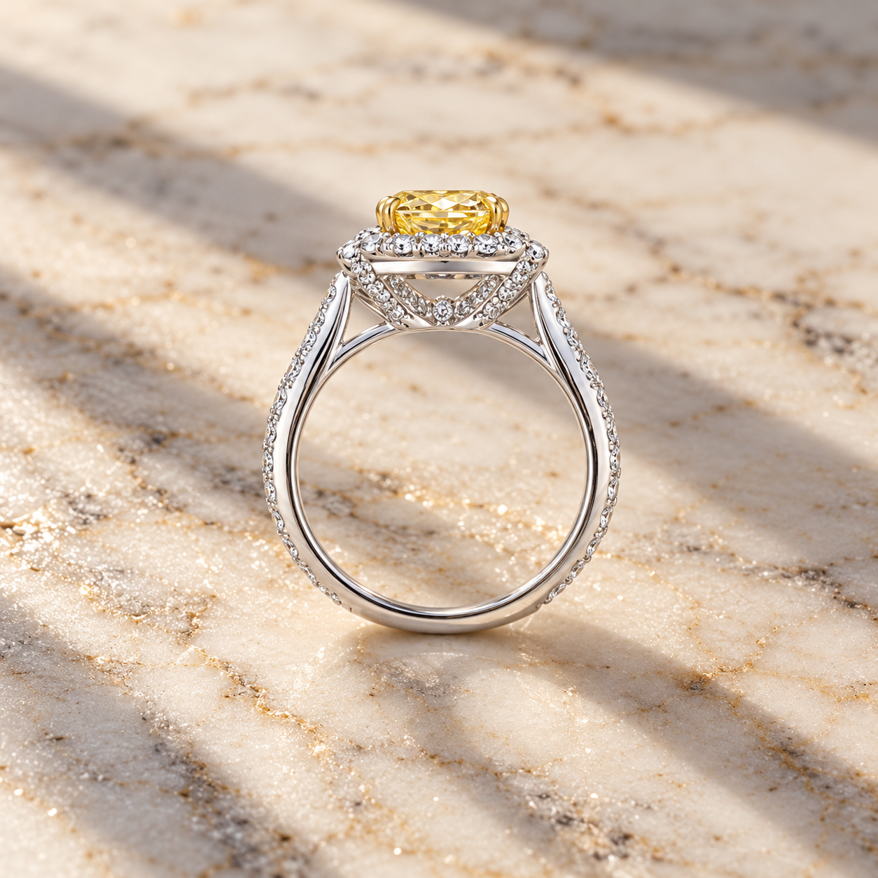 Yellow Radiant Lab Grown Diamond Engagement Ring Pavé Halo 14K White Gold IGI Certified