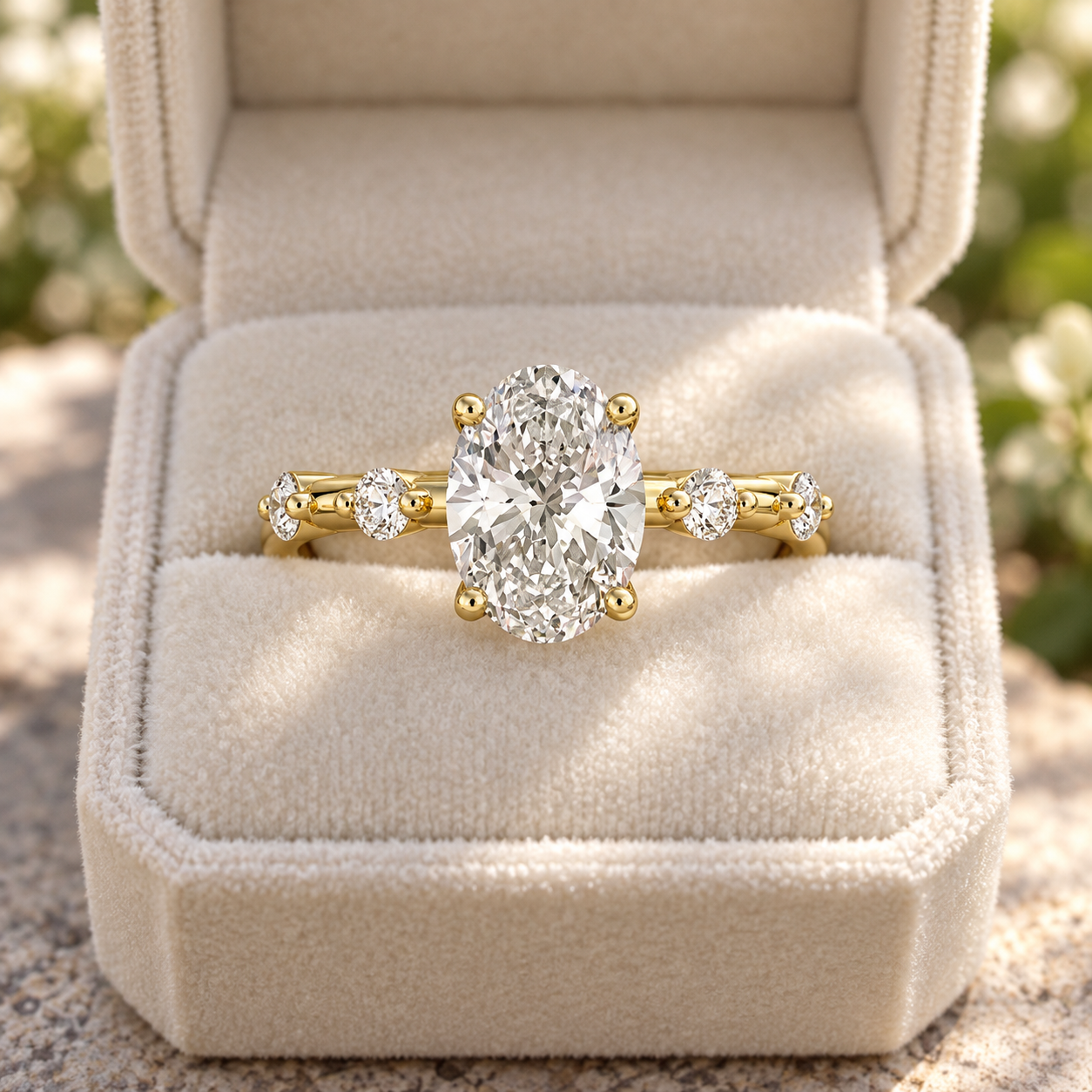 Oval Lab Grown Diamond Engagement Ring Shared Prong Accents 14K Yellow Gold IGI Certified